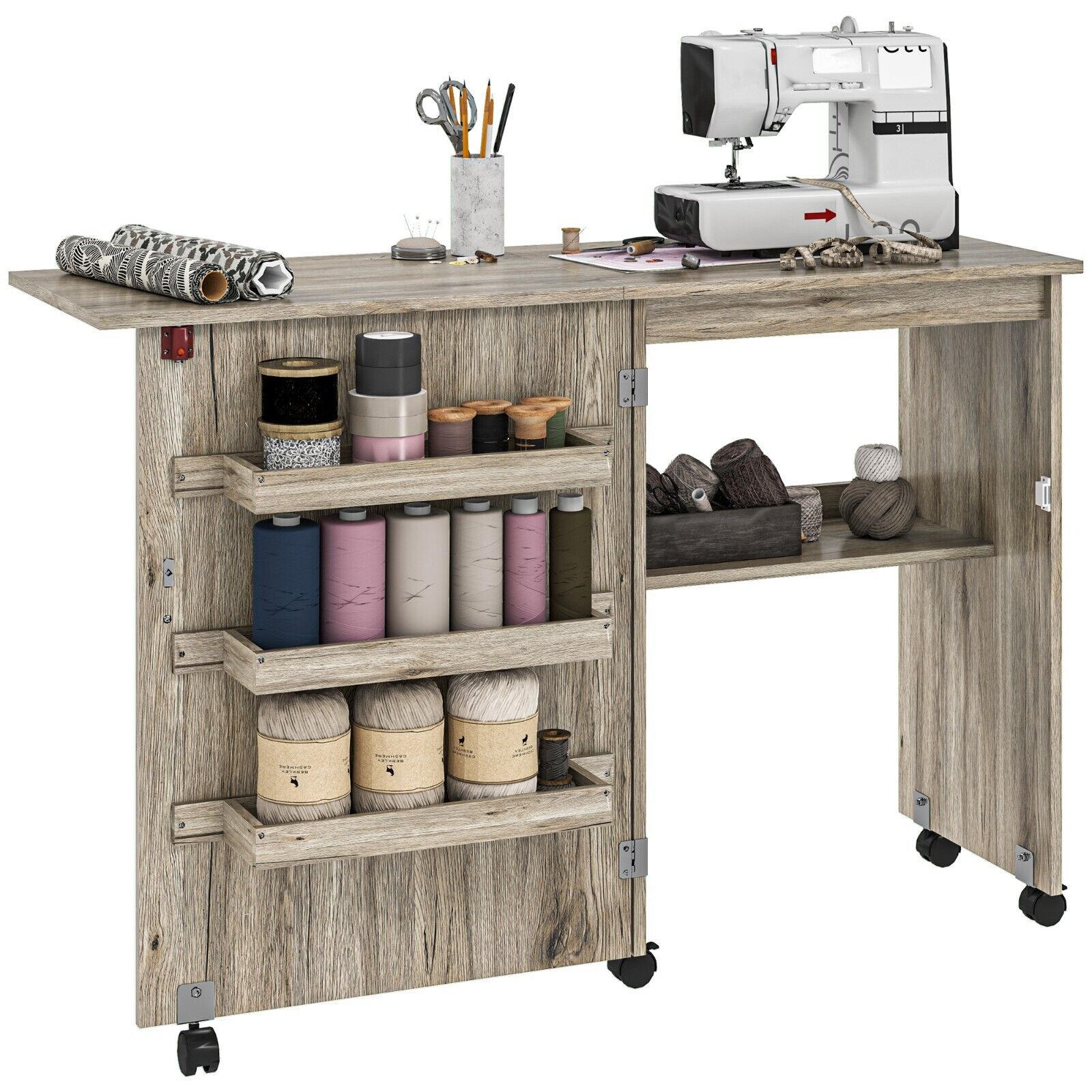 Grey Folding Sewing Table Drop Leaf Rolling Craft Desk with Wheels Space Saving - Home and Garden Furniture Shop - #rustic - furniture#