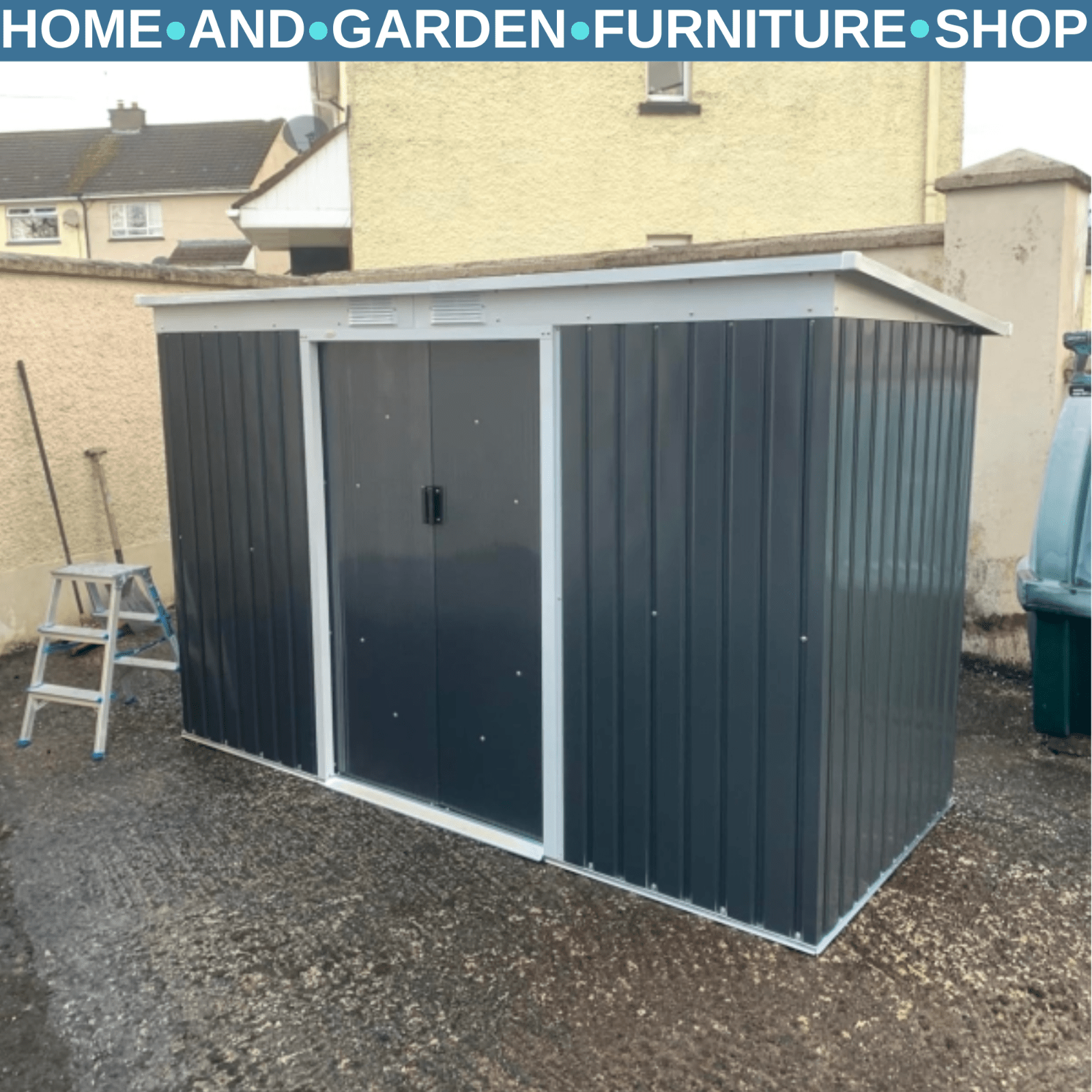 Grey Metal Garden Storage Shed 9 x 4ft Tool Shed Sliding Doors Sloped Roof Vents - Home and Garden Furniture Shop - rustic - furniture