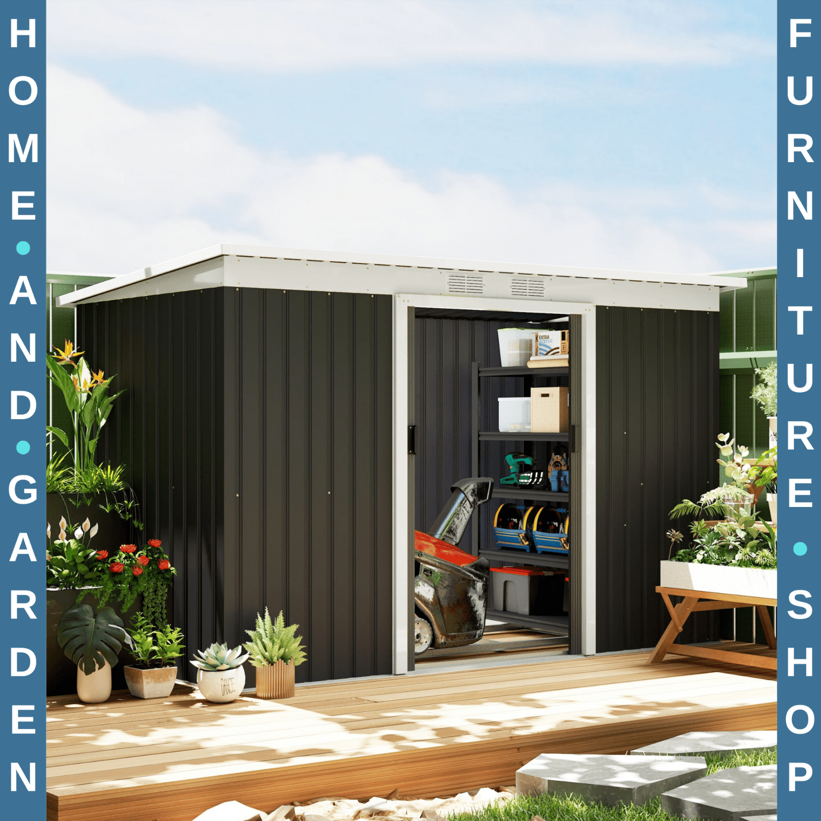Grey Metal Garden Storage Shed 9 x 4ft Tool Shed Sliding Doors Sloped Roof Vents - Home and Garden Furniture Shop - #rustic - furniture#