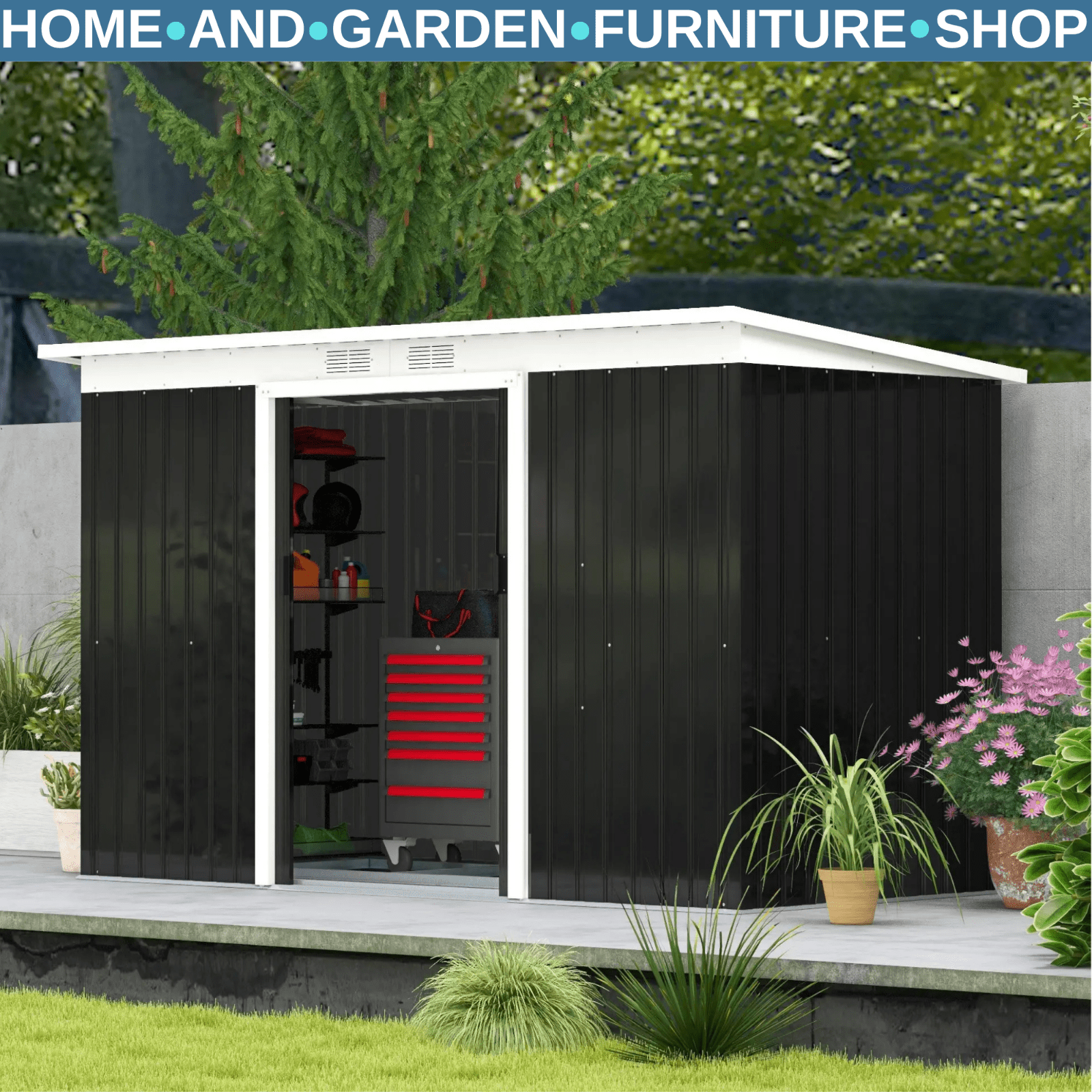 Grey Metal Garden Storage Shed 9 x 4ft Tool Shed Sliding Doors Sloped Roof Vents - Home and Garden Furniture Shop - rustic - furniture