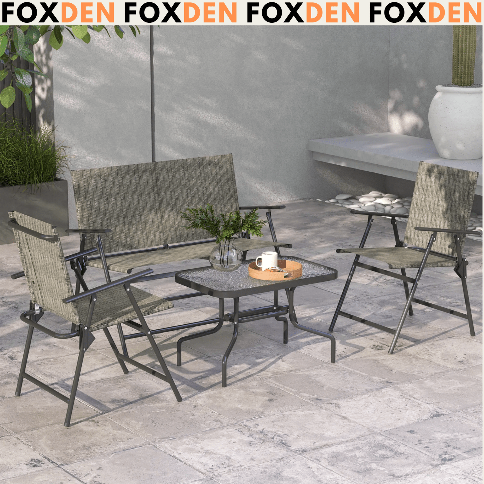 Grey Patio Garden Furniture Set Glass Side Table Foldable Chairs Loveseat Sofa - Home and Garden Furniture Shop - #rustic - furniture#