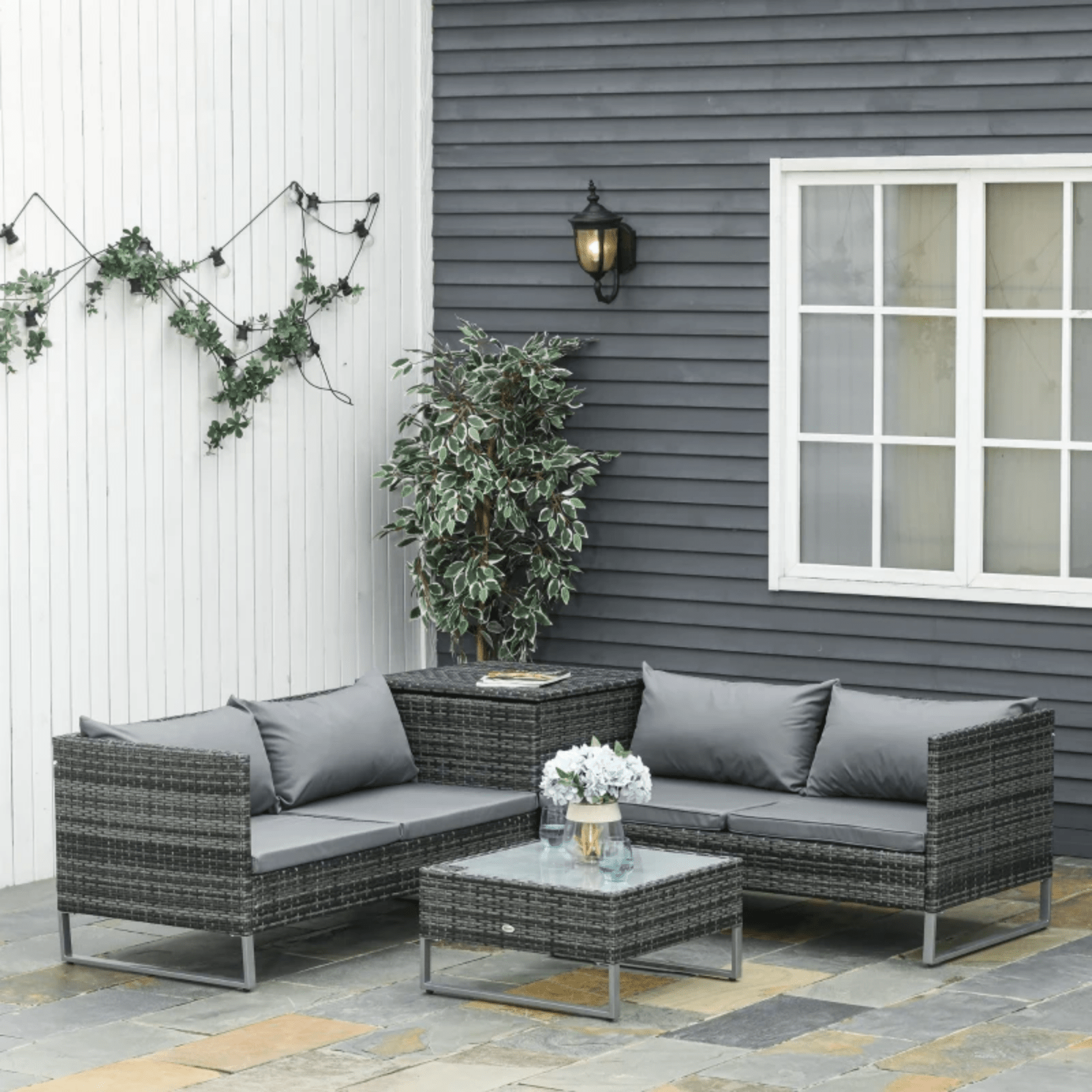 Grey Patio Rattan Corner Sofa Garden Furniture Set Table Cushions Storage Box - Home and Garden Furniture Shop - rustic - furniture