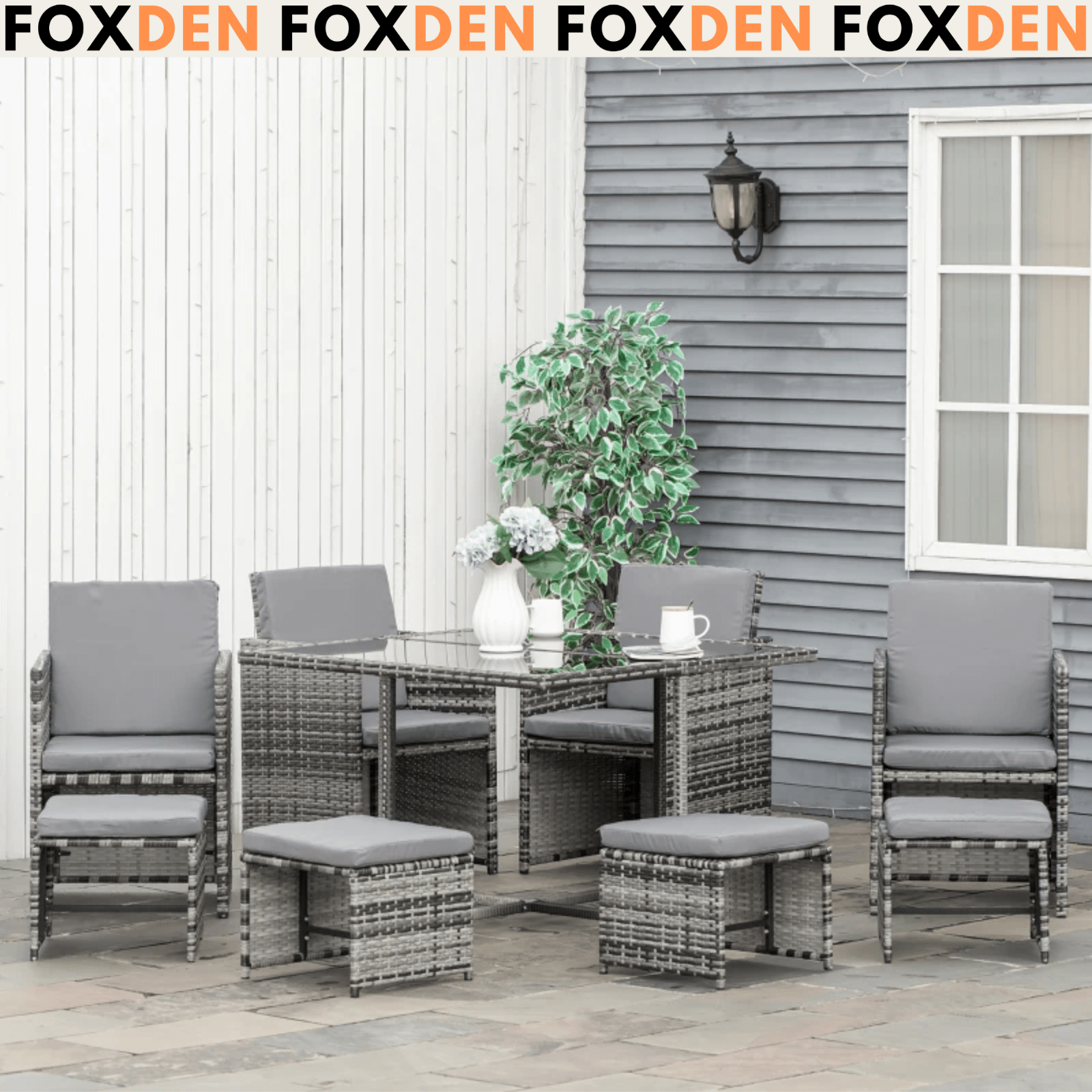 Grey Rattan Furniture Set Wicker Weave Patio Dining Table Chairs Stool Cushions - Home and Garden Furniture Shop - #rustic - furniture#