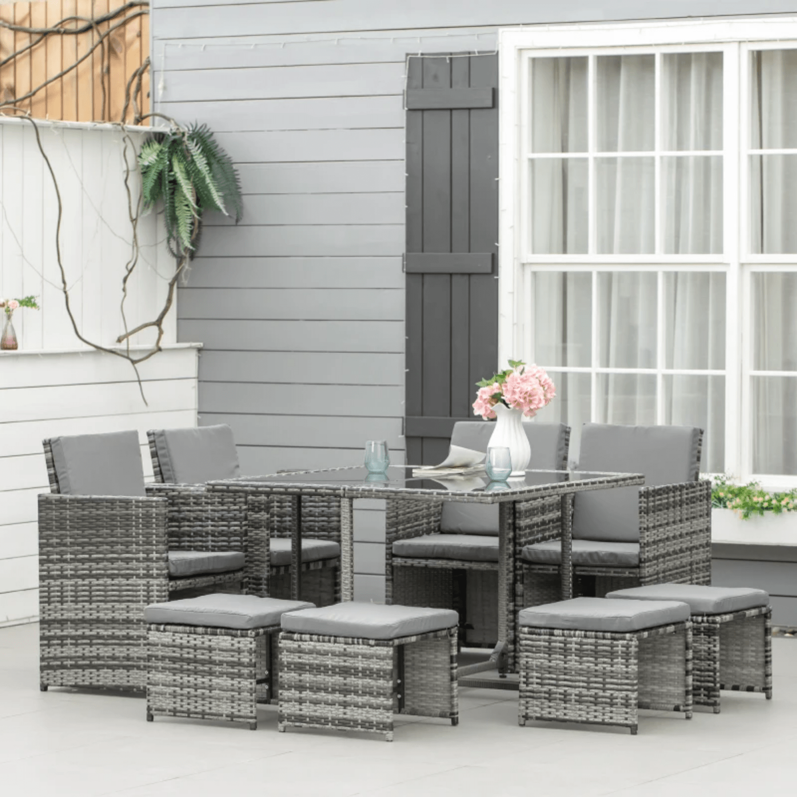 Grey Rattan Furniture Set Wicker Weave Patio Dining Table Chairs Stool Cushions - Home and Garden Furniture Shop - #rustic - furniture#