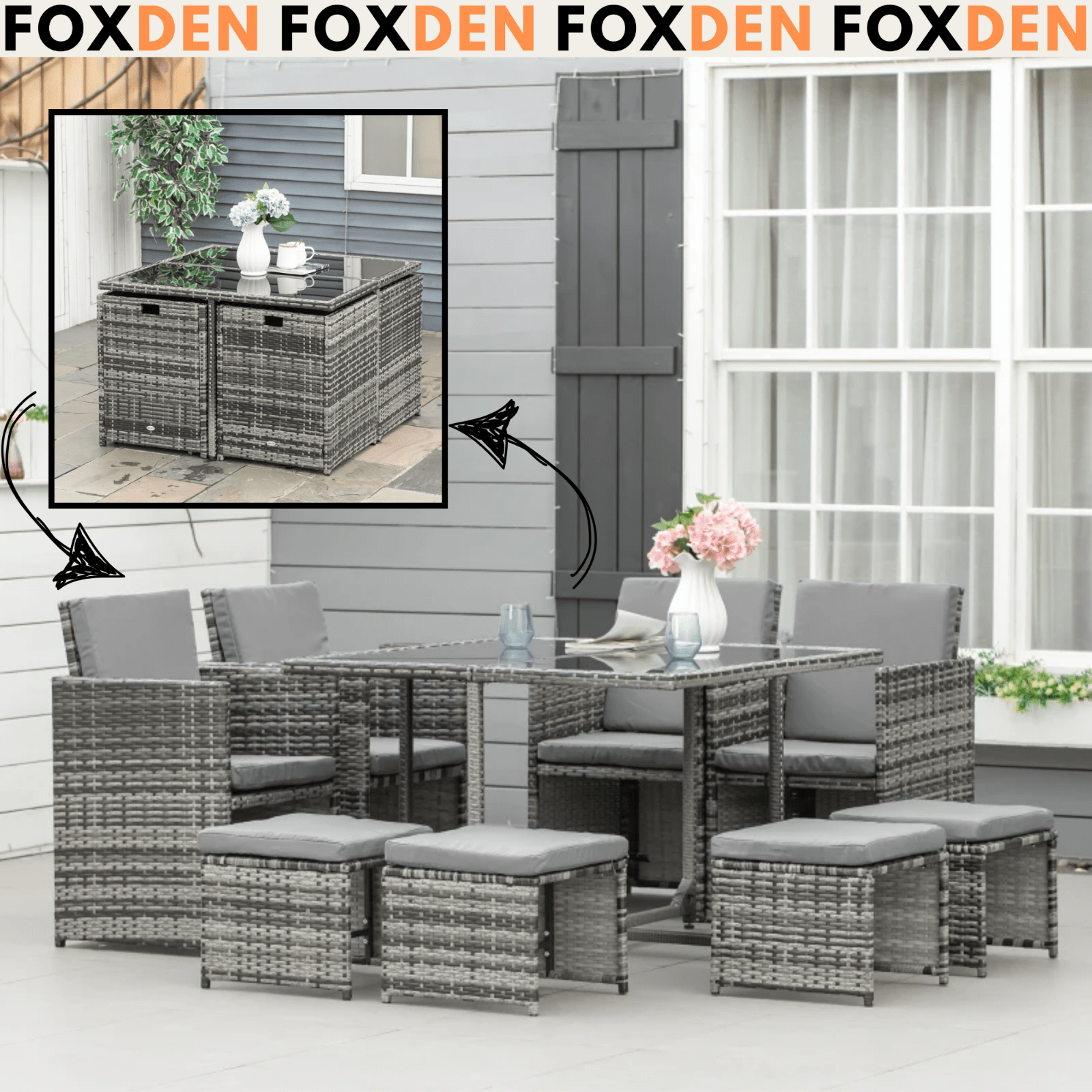 Grey Rattan Furniture Set Wicker Weave Patio Dining Table Chairs Stool Cushions - Home and Garden Furniture Shop - #rustic - furniture#