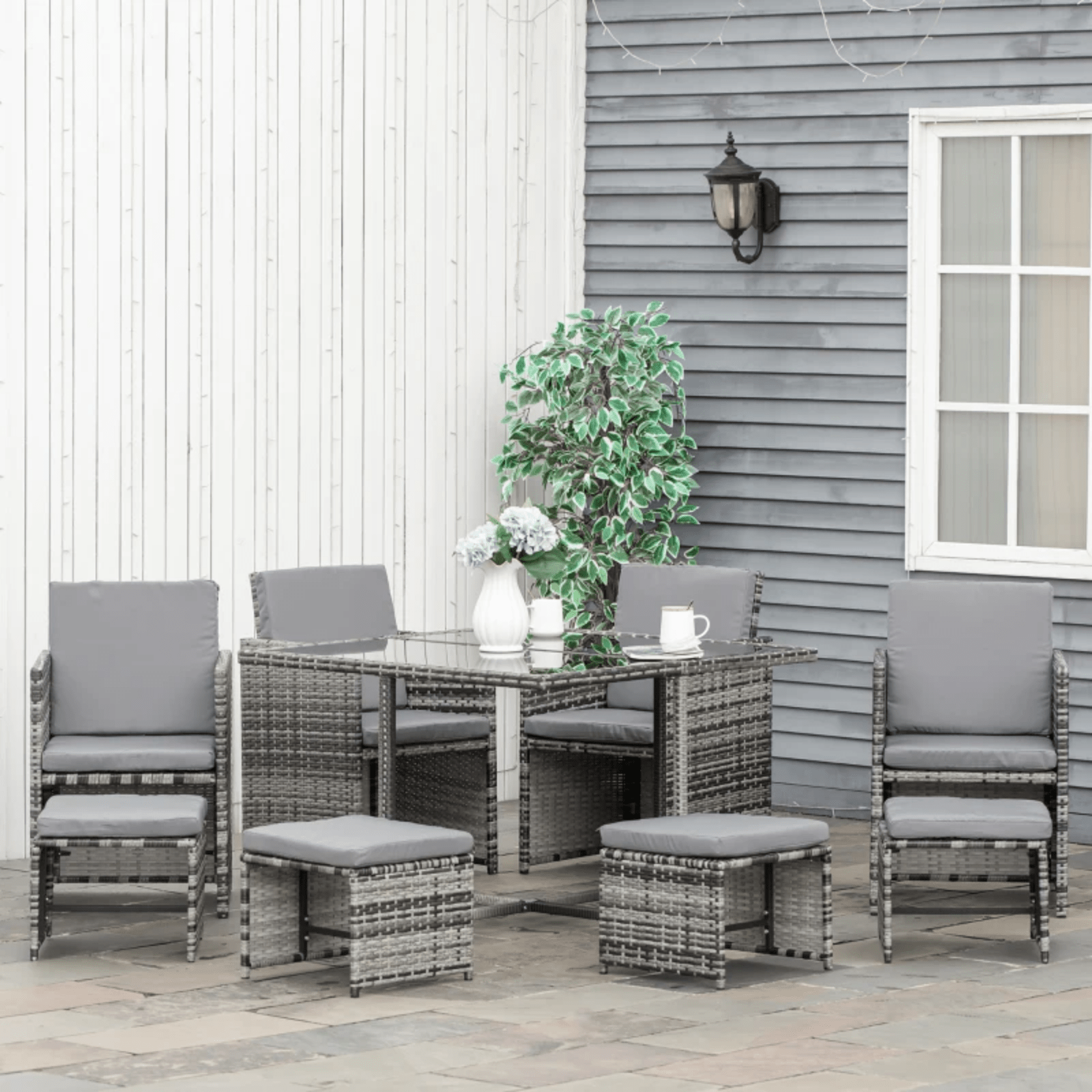 Grey Rattan Furniture Set Wicker Weave Patio Dining Table Chairs Stool Cushions - Home and Garden Furniture Shop - #rustic - furniture#