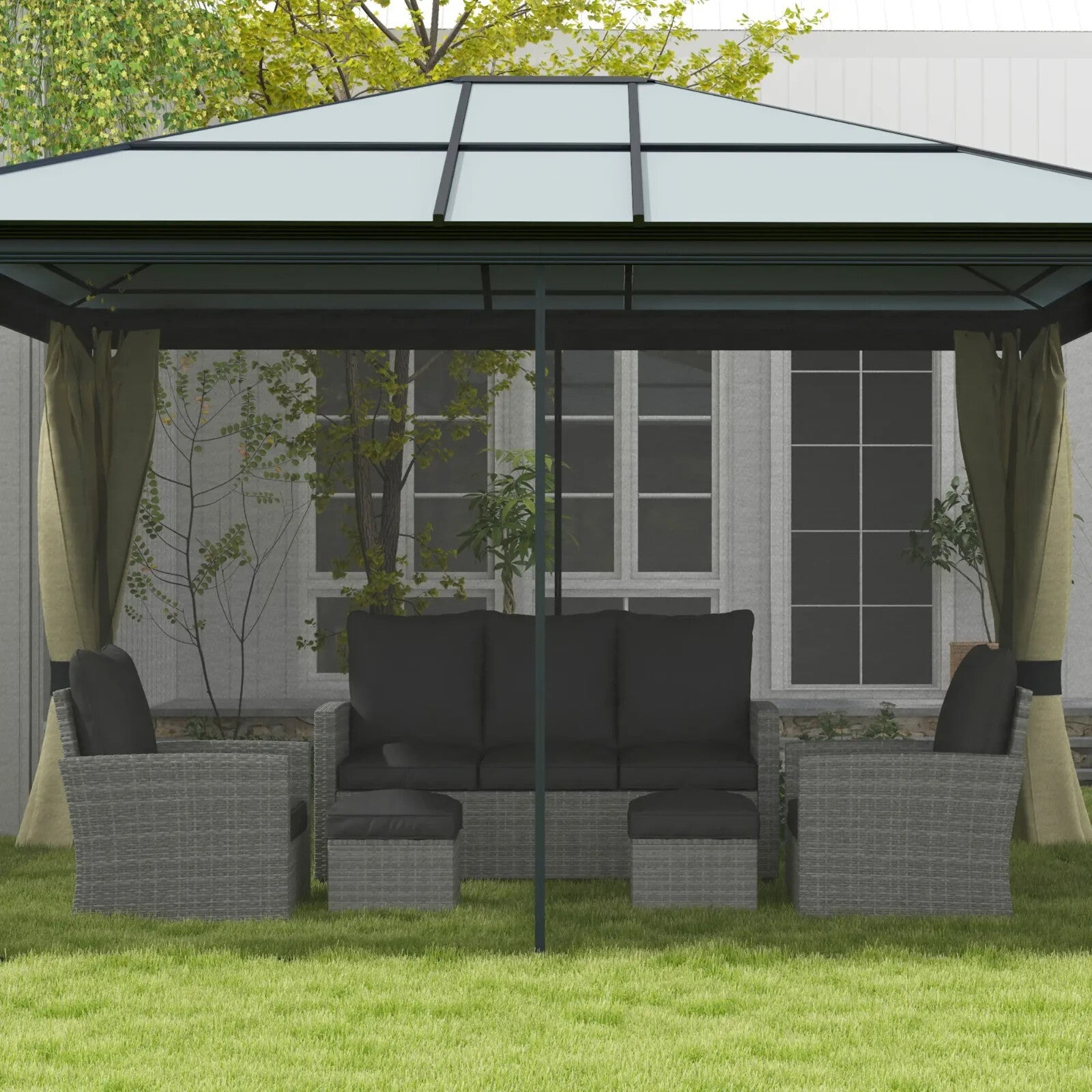 Grey Rattan Sofa Set with Glass Dining Table and Chairs Cushion Outdoor Seating - Home and Garden Furniture Shop - rustic - furniture