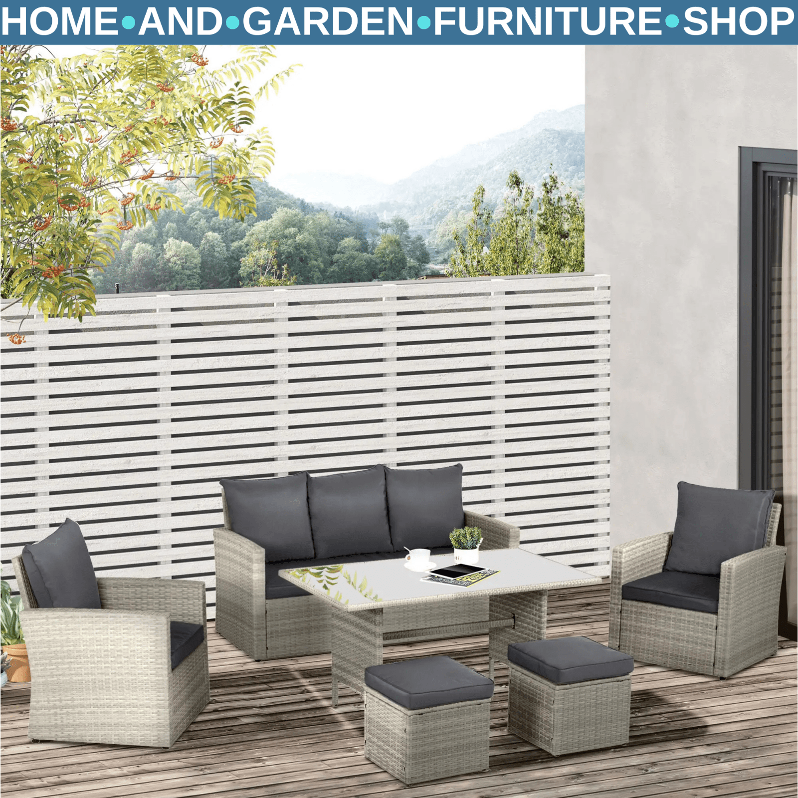 Grey Rattan Sofa Set with Glass Dining Table and Chairs Cushion Outdoor Seating - Home and Garden Furniture Shop - rustic - furniture