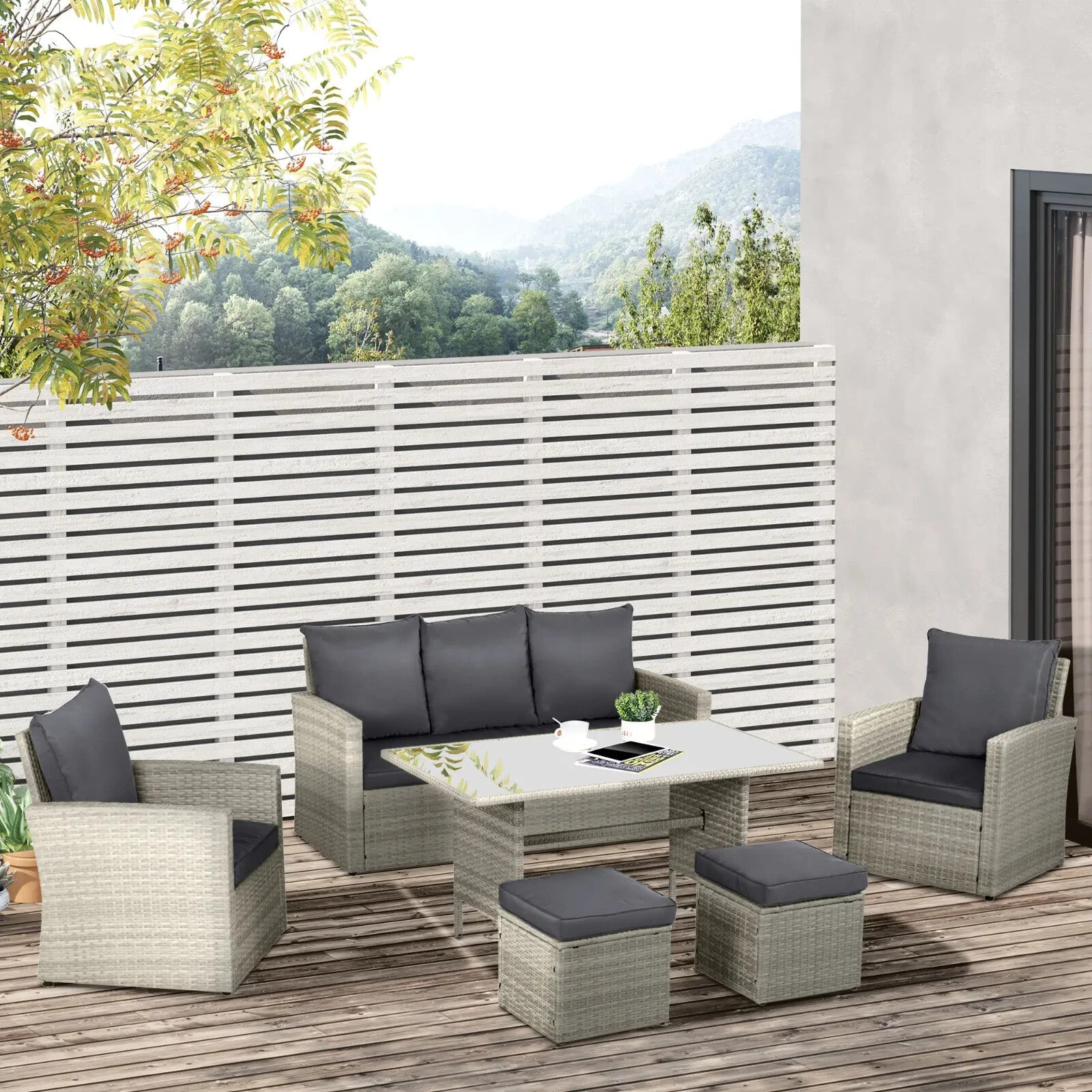 Grey Rattan Sofa Set with Glass Dining Table and Chairs Cushion Outdoor Seating - Home and Garden Furniture Shop - rustic - furniture