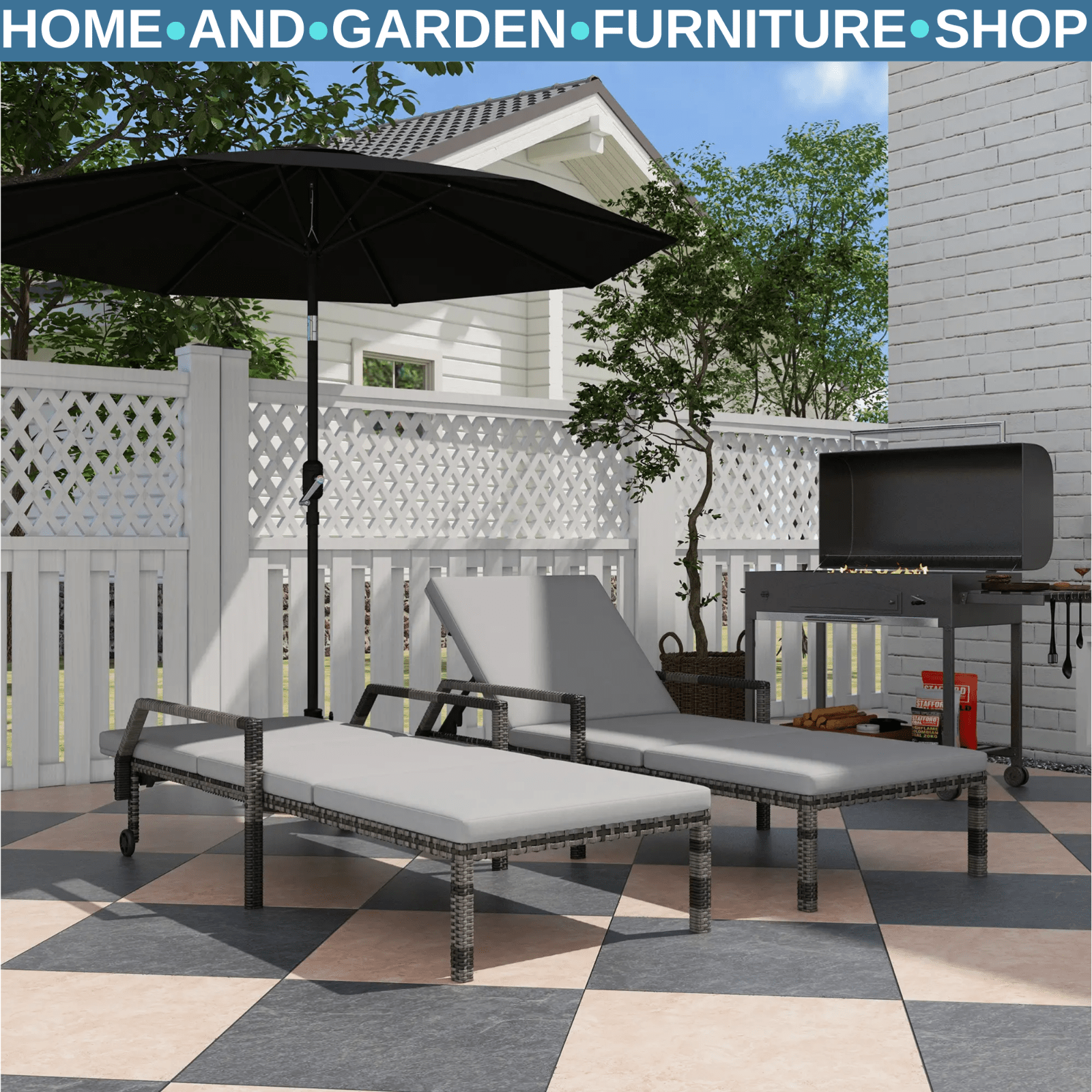 Grey Rattan Sun Loungers Set of 2 Garden Recliner Chairs Adjustable Backrest Bed - Home and Garden Furniture Shop - rustic - furniture