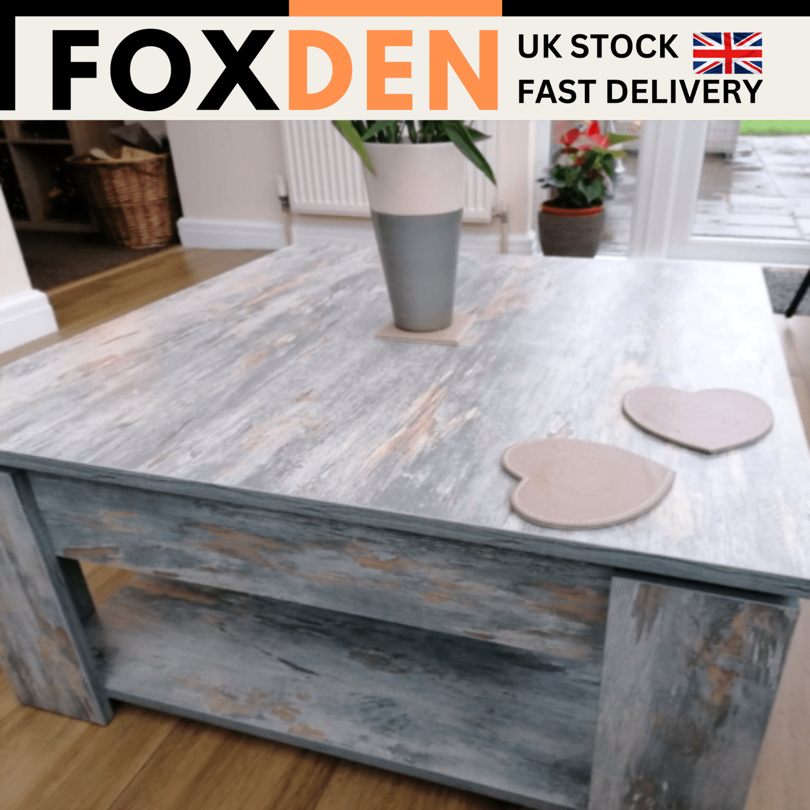 Grey Square Coffee Table with Shelf End Console Table Living Room Storage Table - Home and Garden Furniture Shop - rustic - furniture