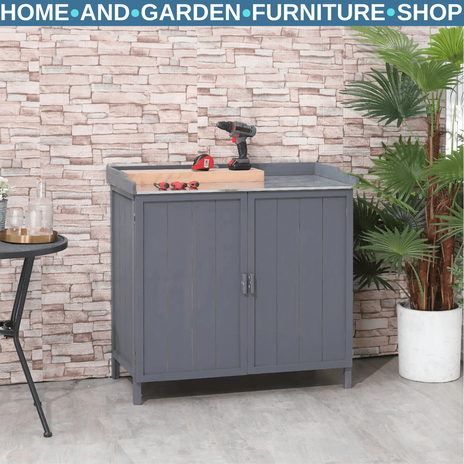 Grey Wooden Garden Storage Cabinet Potting Bench Table with Galvanized Top Shelf - Home and Garden Furniture Shop - rustic - furniture