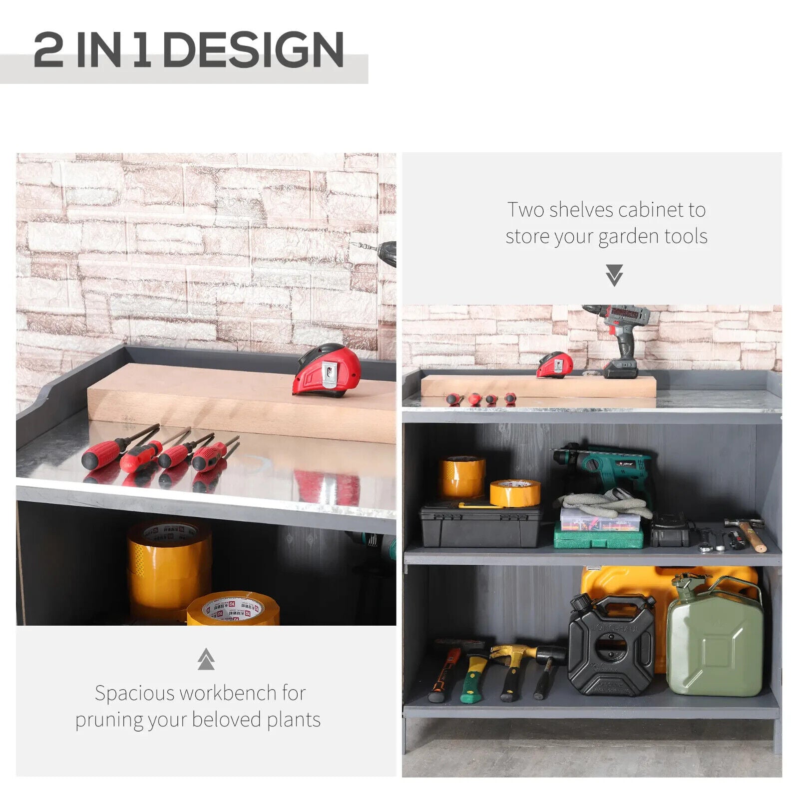 Grey Wooden Garden Storage Cabinet Potting Bench Table with Galvanized Top Shelf - Home and Garden Furniture Shop - rustic - furniture
