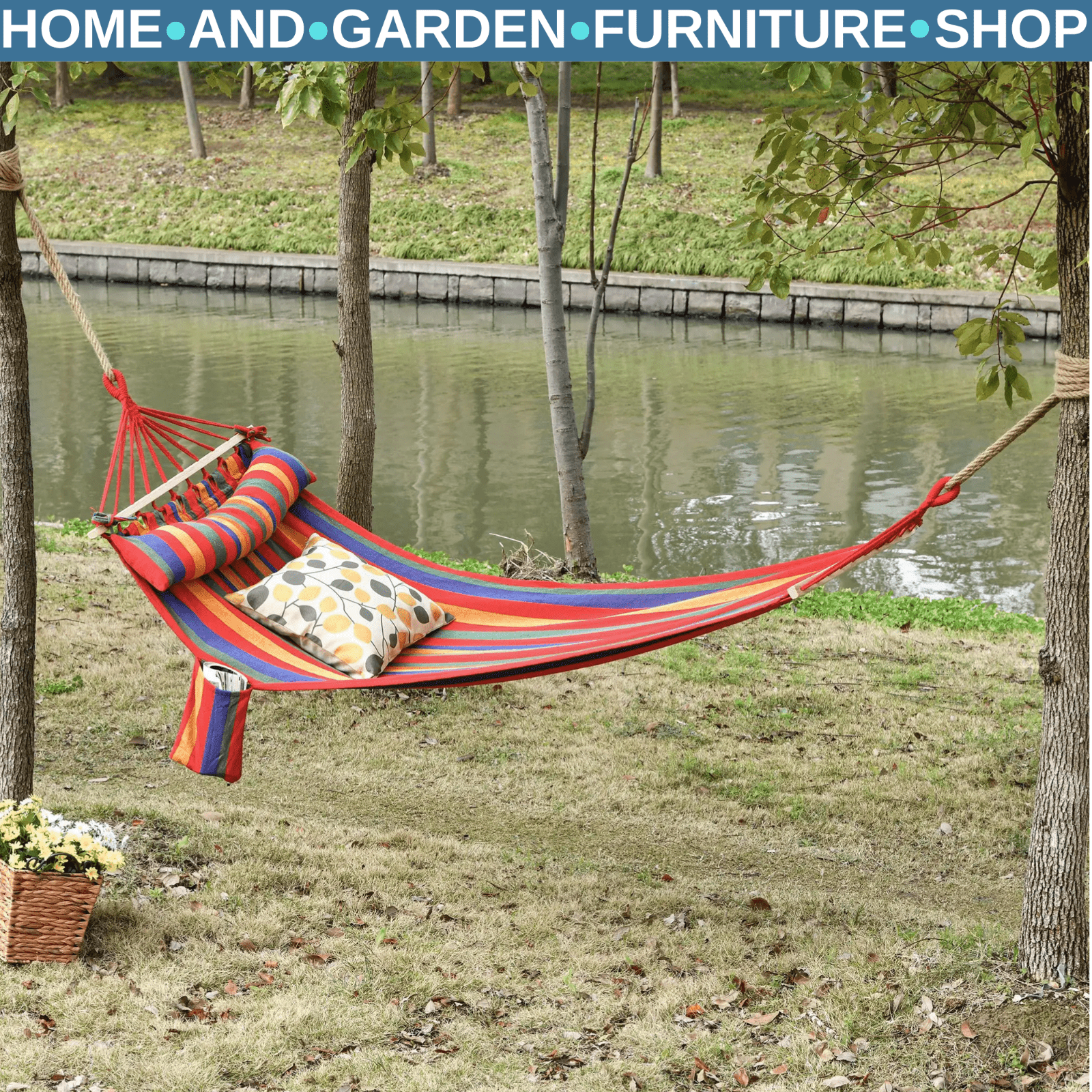 Hammock Hanging Bed Cotton Swing Rectangular with Padded Pillow Rainbow Stripe - Home and Garden Furniture Shop - #rustic - furniture#