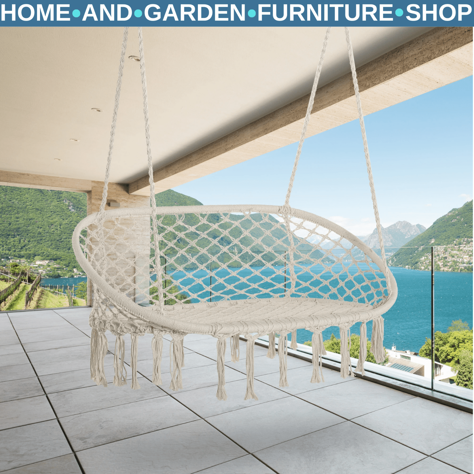 Hammock Hanging Bench 2 - Seater Rope Porch Swing with Curved Back Cream White - Home and Garden Furniture Shop - #rustic - furniture#