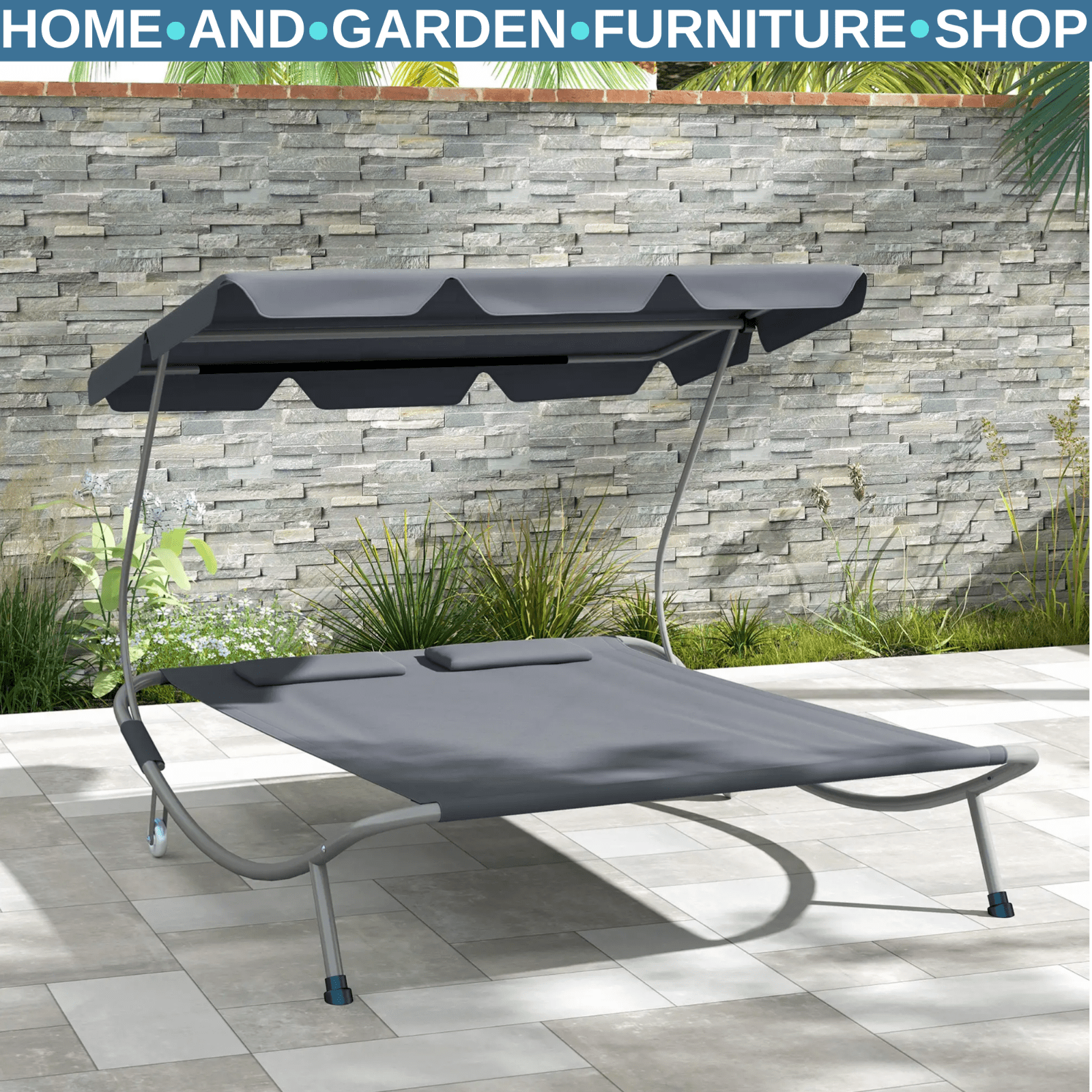 Hammock Sun Lounger 2 - Seater w/ 2 - Padded Pillows & Adjustable Canopy Light Grey - Home and Garden Furniture Shop - #rustic - furniture#