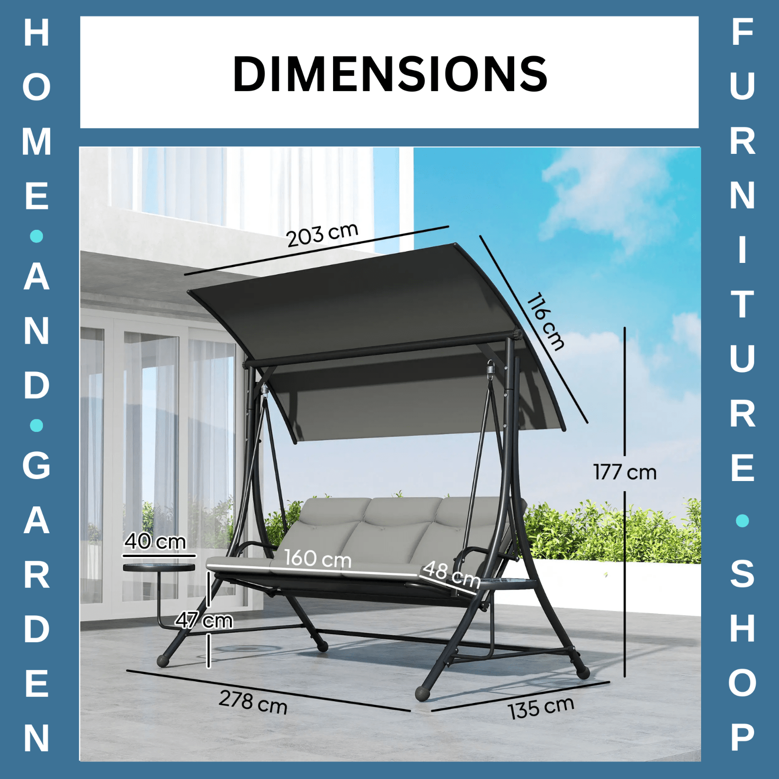 Hammock Swing Bench 3 - Seater w/ Adjustable Canopy & 2 - Glass Top Table Dark Grey - Home and Garden Furniture Shop - #rustic - furniture#