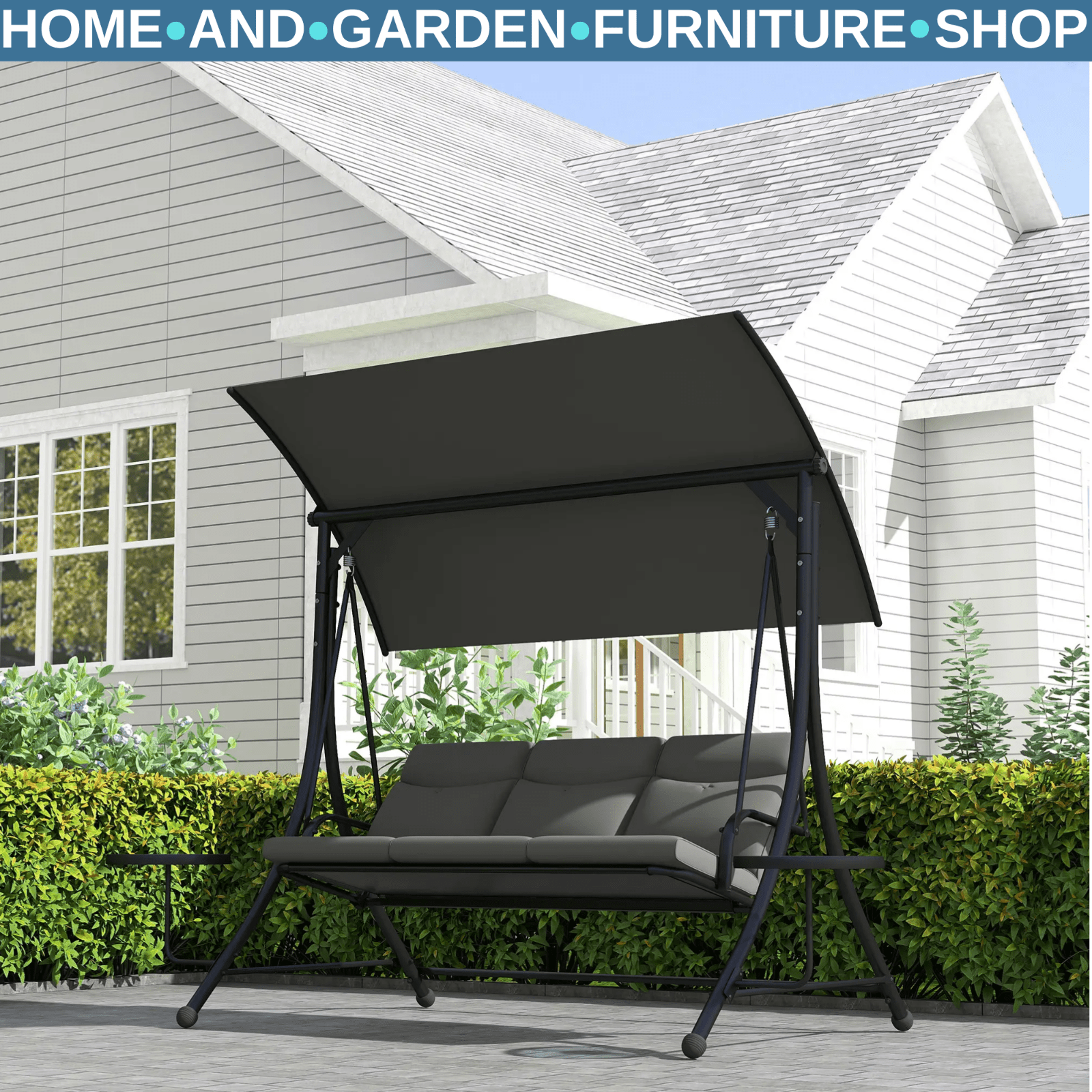 Hammock Swing Bench 3 - Seater w/ Adjustable Canopy & 2 - Glass Top Table Dark Grey - Home and Garden Furniture Shop - #rustic - furniture#