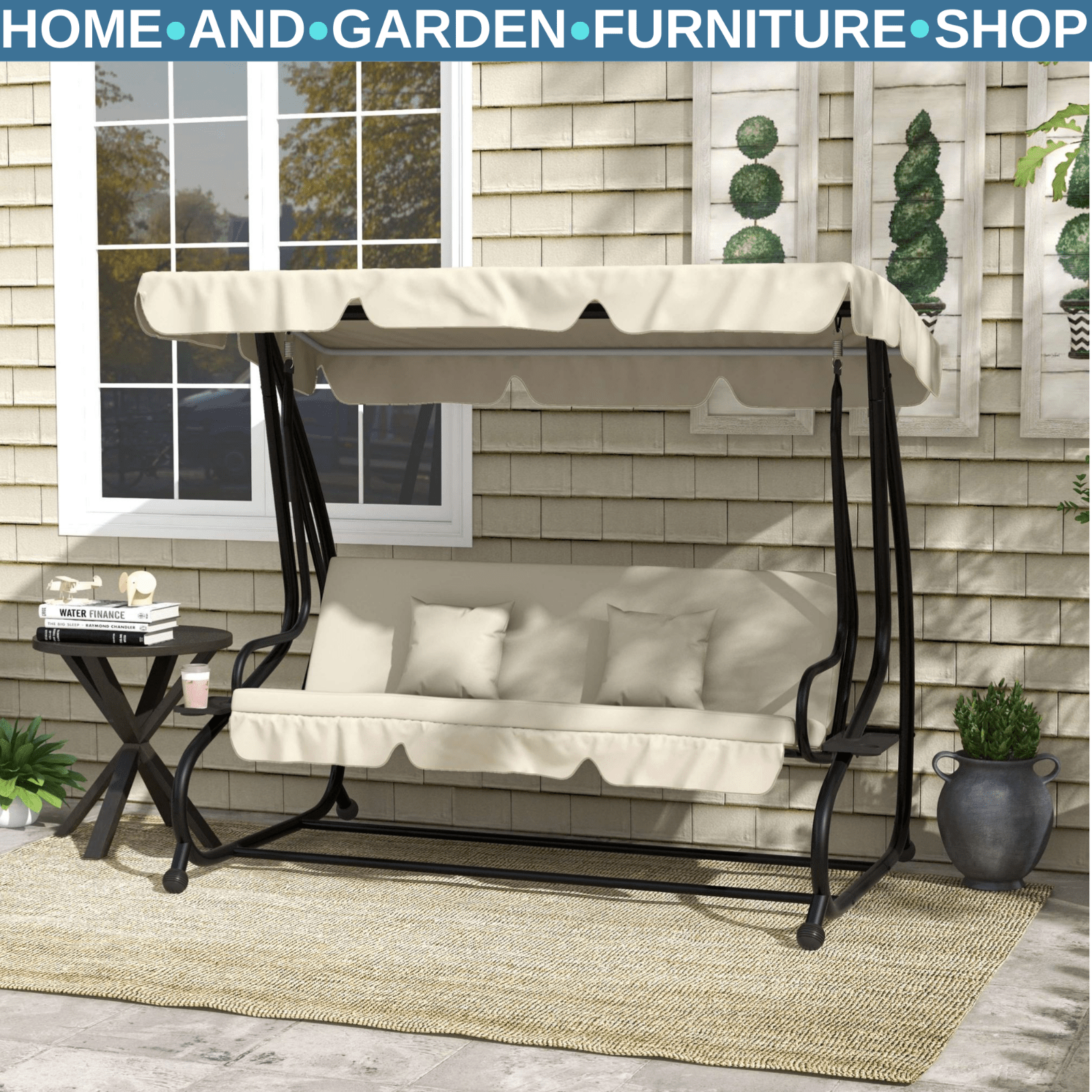 Hammock Swing Bench 3 - Seater Weather - Resistant with Adjustable Canopy Cream - Home and Garden Furniture Shop - #rustic - furniture#