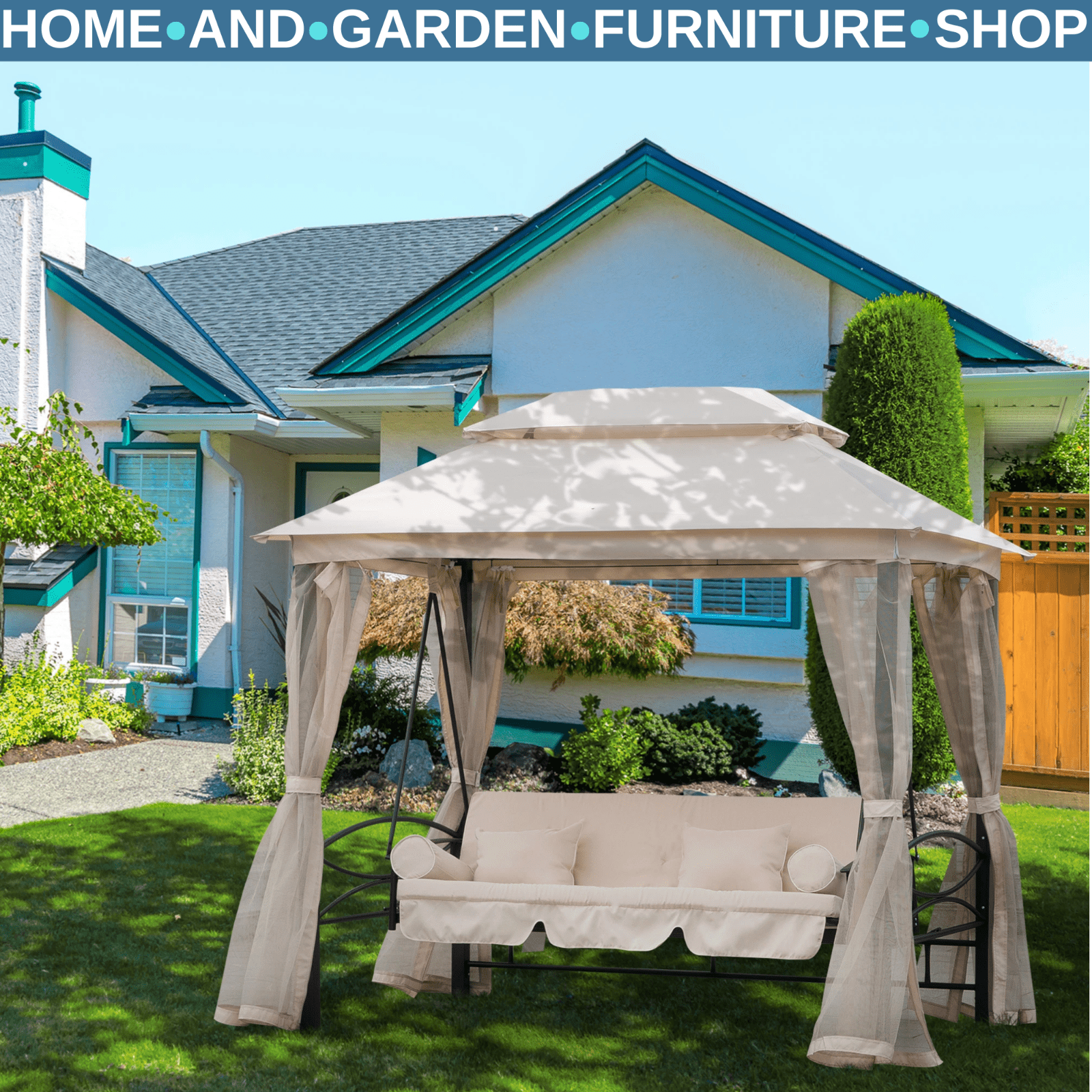Hammock Swing Bench 3 - Seater with 2 - Tier Gazebo Canopy & Mesh Netting Beige - Home and Garden Furniture Shop - #rustic - furniture#