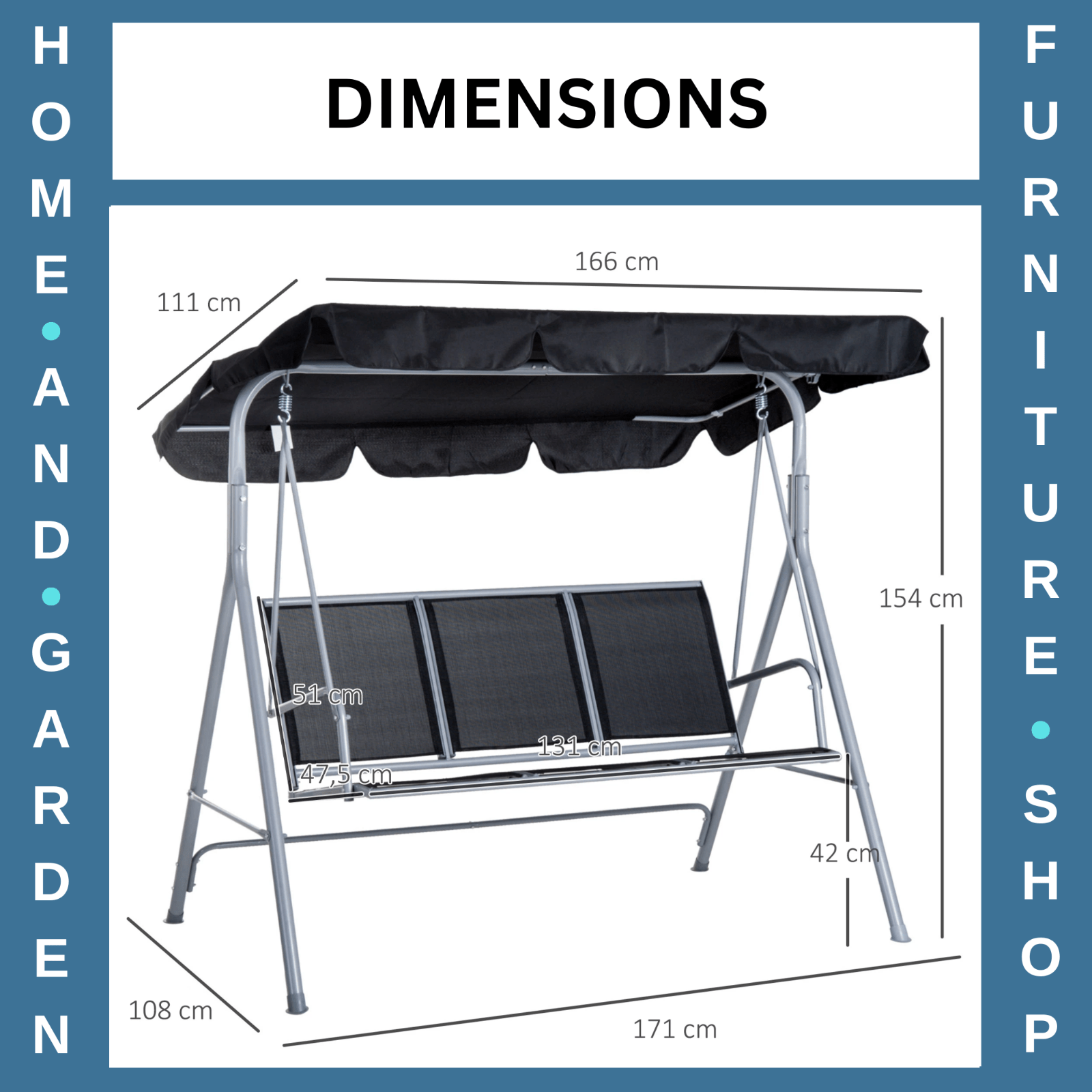 Hammock Swing Bench 3Seater Powder Coated Metal Frame w/ Adjustable Canopy Black - Home and Garden Furniture Shop - #rustic - furniture#