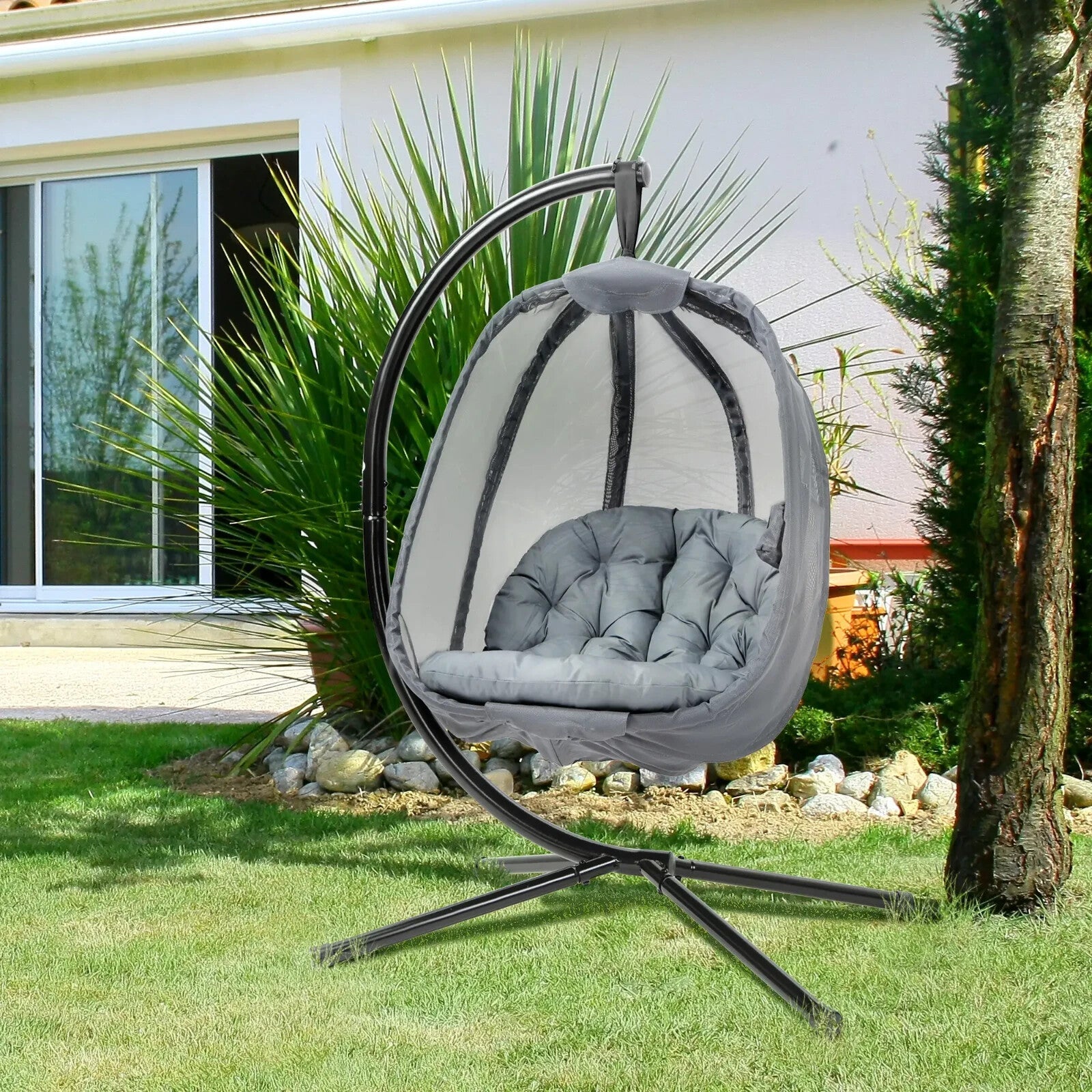 Hanging Egg Chair Folding Swing Hammock with Cushion and Stand for Garden Patio - Home and Garden Furniture Shop - rustic - furniture