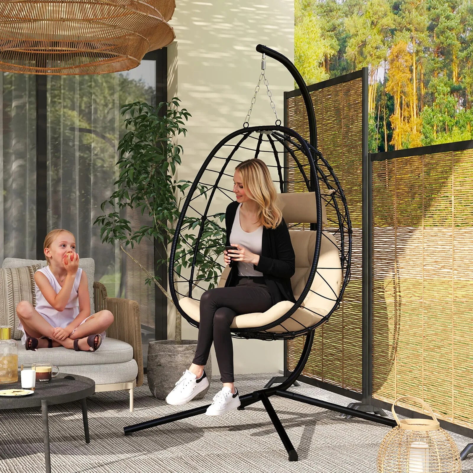 Hanging Egg Chair Indoor Outdoor Garden Swing Chair w/ Cushion & Folding Basket - Home and Garden Furniture Shop - rustic - furniture