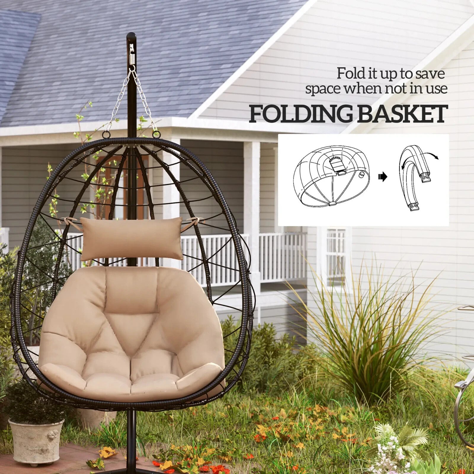 Hanging Egg Chair Indoor Outdoor Garden Swing Chair w/ Cushion & Folding Basket - Home and Garden Furniture Shop - rustic - furniture