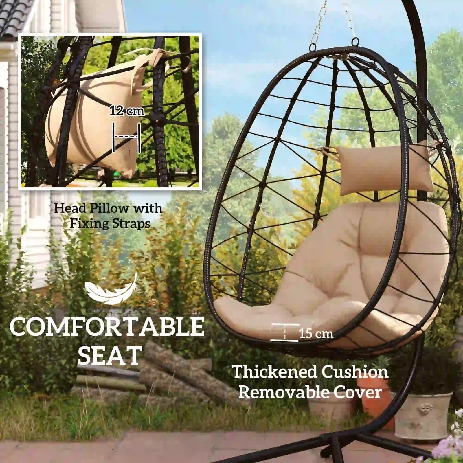 Hanging Egg Chair Indoor Outdoor Garden Swing Chair w/ Cushion & Folding Basket - Home and Garden Furniture Shop - rustic - furniture