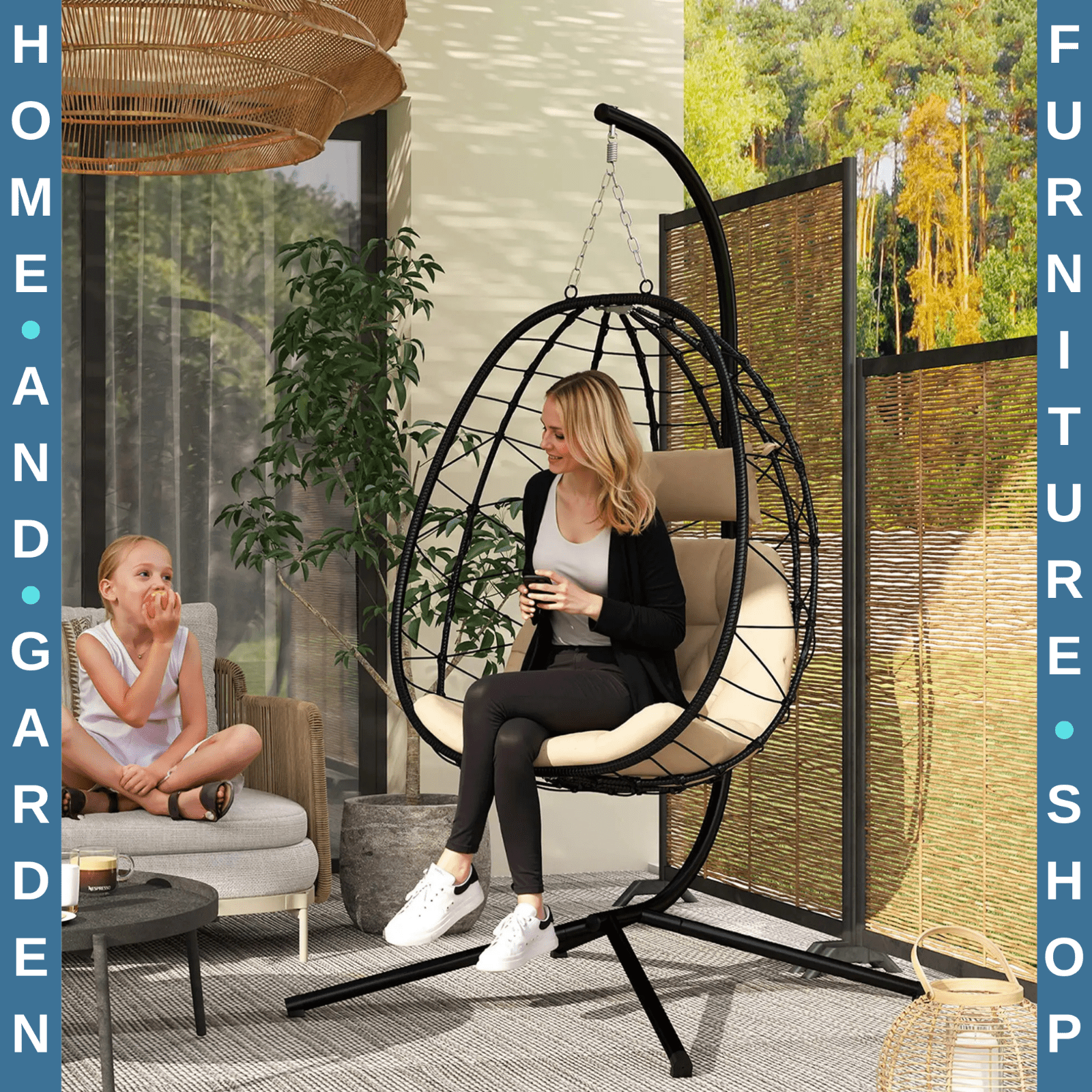 Hanging Egg Chair Indoor Outdoor Garden Swing Chair w/ Cushion & Folding Basket - Home and Garden Furniture Shop - rustic - furniture