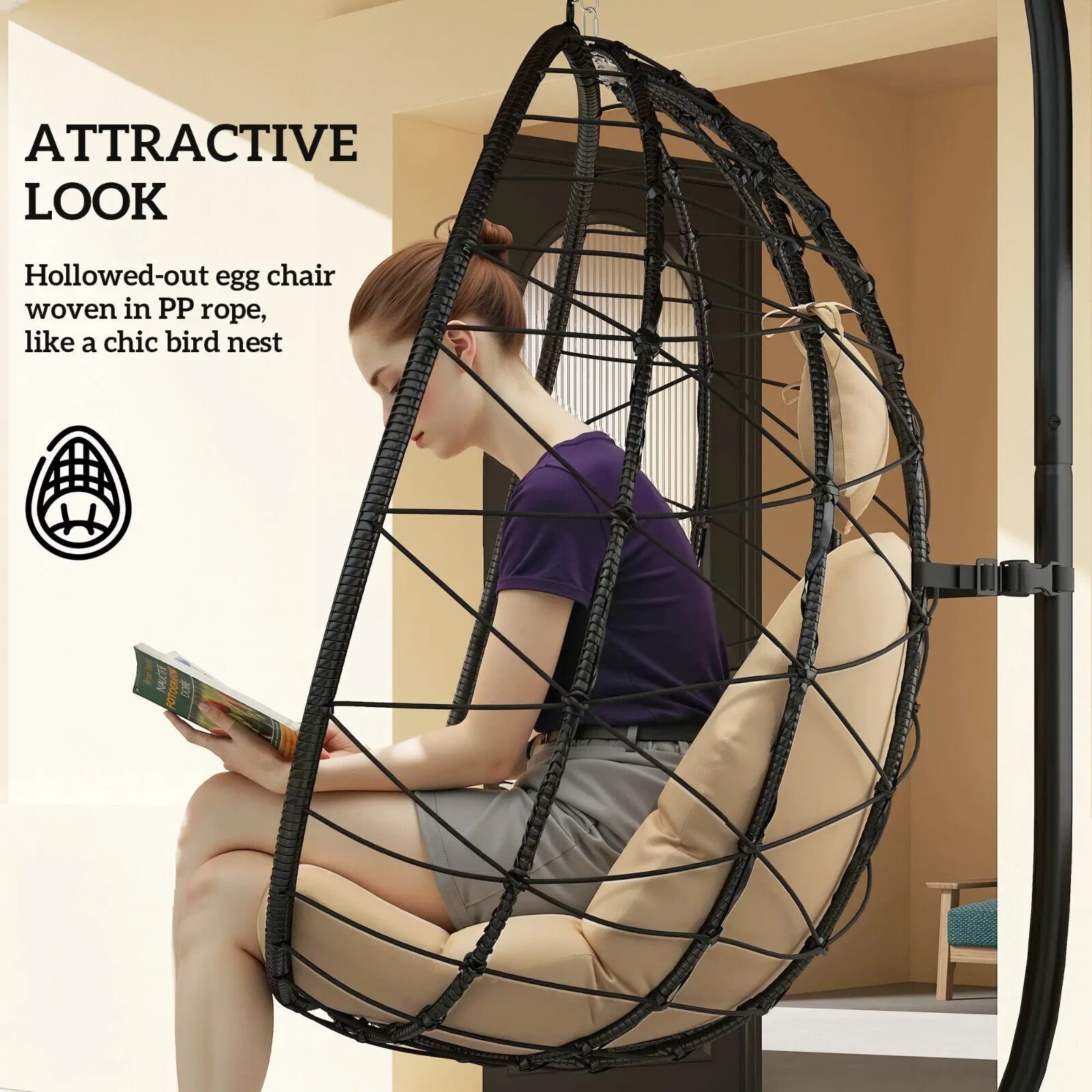 Hanging Egg Chair Indoor Outdoor Garden Swing Chair w/ Cushion & Folding Basket - Home and Garden Furniture Shop - rustic - furniture