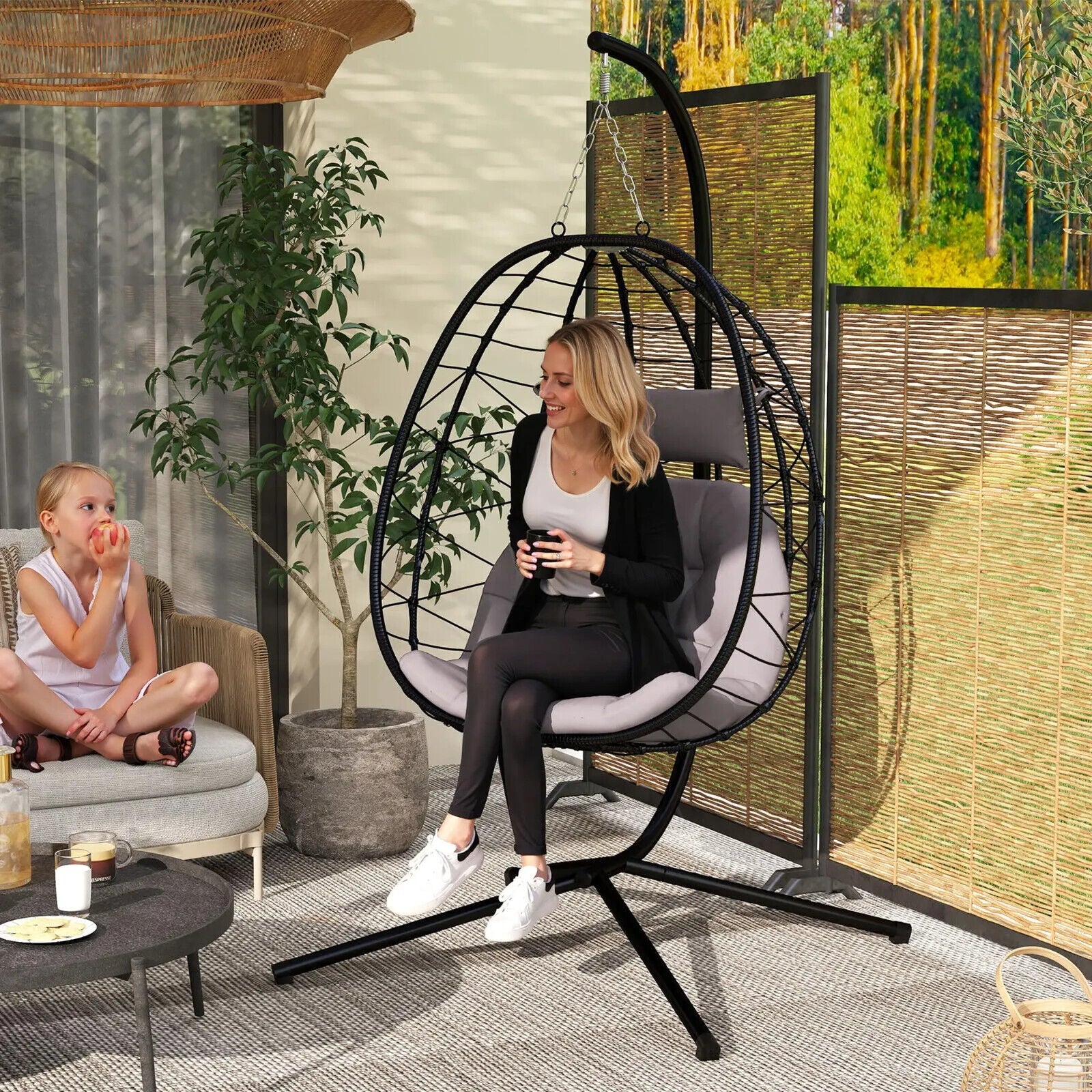 Hanging Egg Chair Indoor Outdoor Garden Swing Chair with Folding Basket Cushion - Home and Garden Furniture Shop - #rustic - furniture#