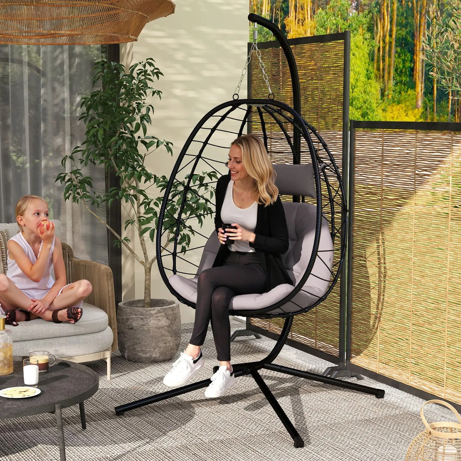 Hanging Egg Chair Indoor Outdoor Garden Swing Chair with Folding Basket Cushion - Home and Garden Furniture Shop - rustic - furniture