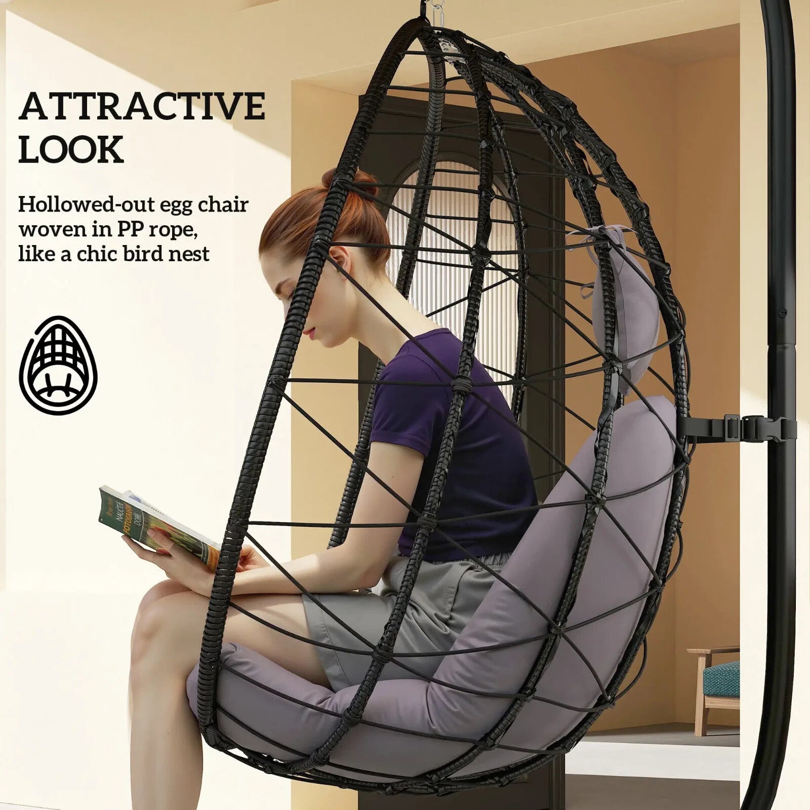 Hanging Egg Chair Indoor Outdoor Garden Swing Chair with Folding Basket Cushion - Home and Garden Furniture Shop - rustic - furniture