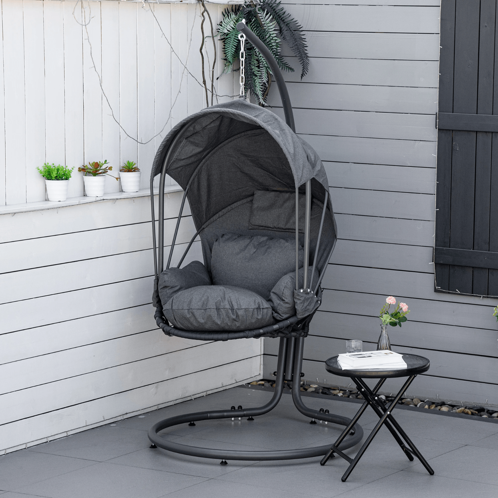 Hanging Egg Chair with Stand Metal Frame Retractable Canopy Grey Thick Cushion - Home and Garden Furniture Shop - rustic - furniture