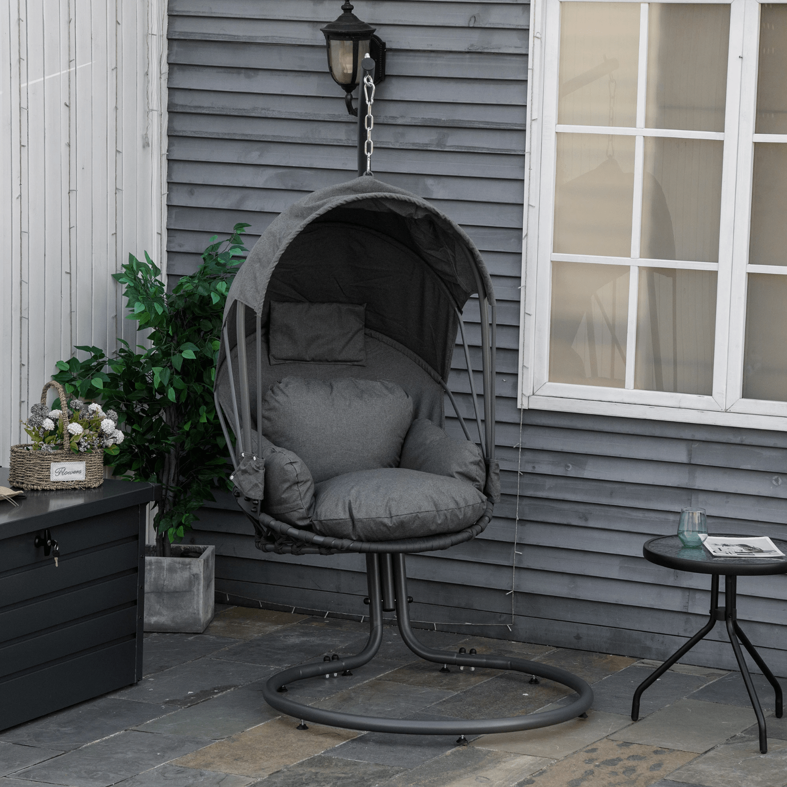 Hanging Egg Chair with Stand Metal Frame Retractable Canopy Grey Thick Cushion - Home and Garden Furniture Shop - rustic - furniture