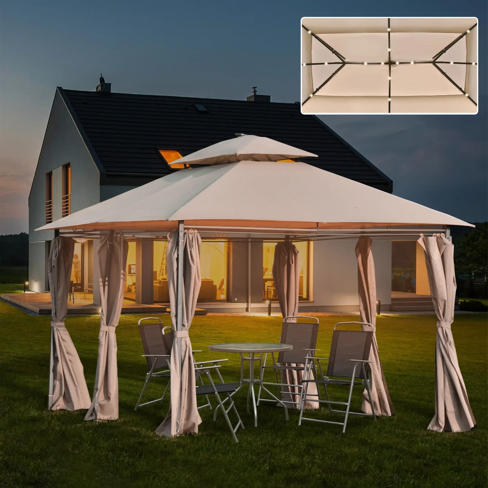 Heavy Duty Gazebo Garden Pavilion Double Canopy Roof Outdoor LED Solar Light 4m - Home and Garden Furniture Shop - rustic - furniture