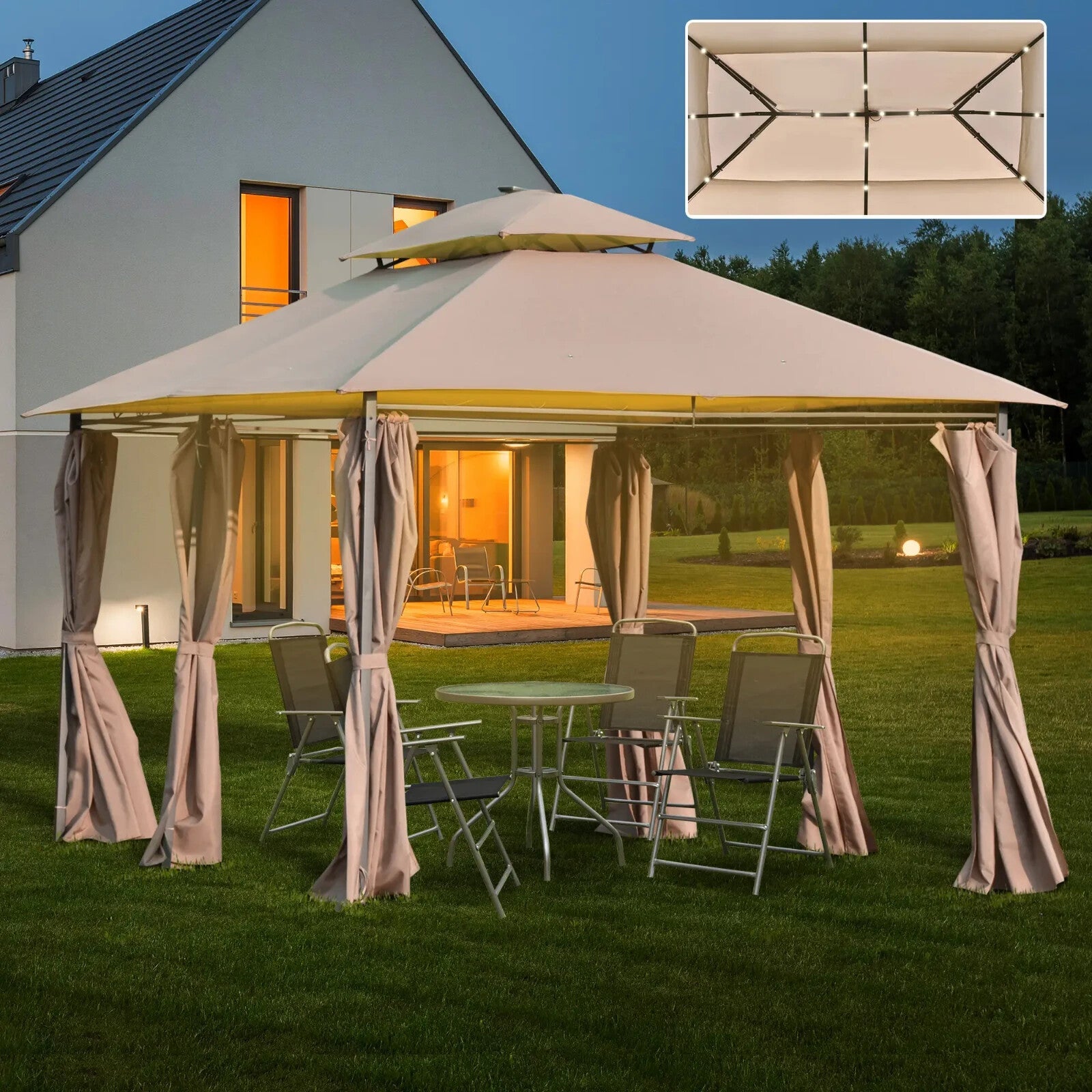 Heavy Duty Gazebo Garden Pavilion Double Canopy Roof Outdoor LED Solar Light 4m - Home and Garden Furniture Shop - rustic - furniture