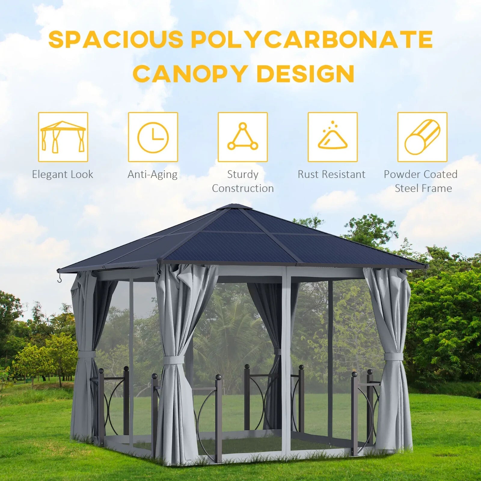 Heavy Duty Gazebo Metal 3x3m Hard Top Polycarbonate Roof Curtains Garden Shelter - Home and Garden Furniture Shop - rustic - furniture