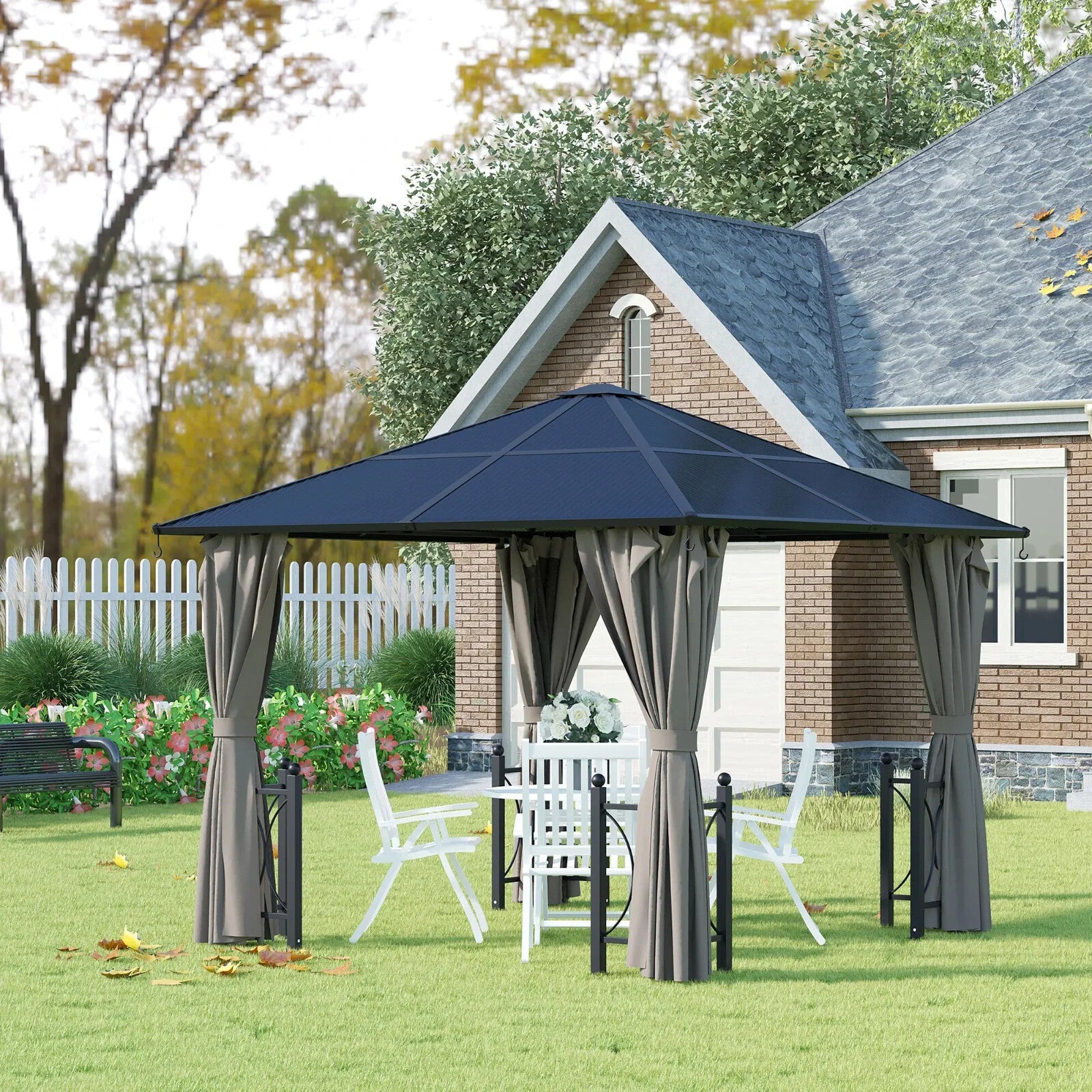 Heavy Duty Gazebo Metal 3x3m Hard Top Polycarbonate Roof Curtains Garden Shelter - Home and Garden Furniture Shop - rustic - furniture
