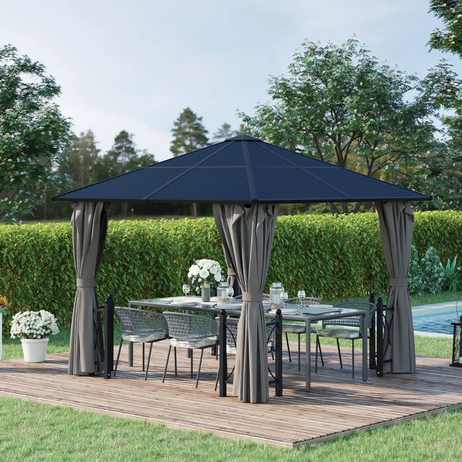 Heavy Duty Gazebo Metal 3x3m Hard Top Polycarbonate Roof Curtains Garden Shelter - Home and Garden Furniture Shop - rustic - furniture