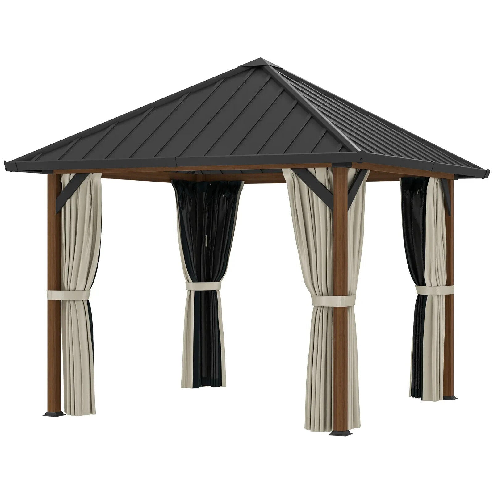 Heavy Duty Gazebo Metal Hardtop Marquee with Netting and Curtains Brown 3 x 3m - Home and Garden Furniture Shop - #rustic - furniture#