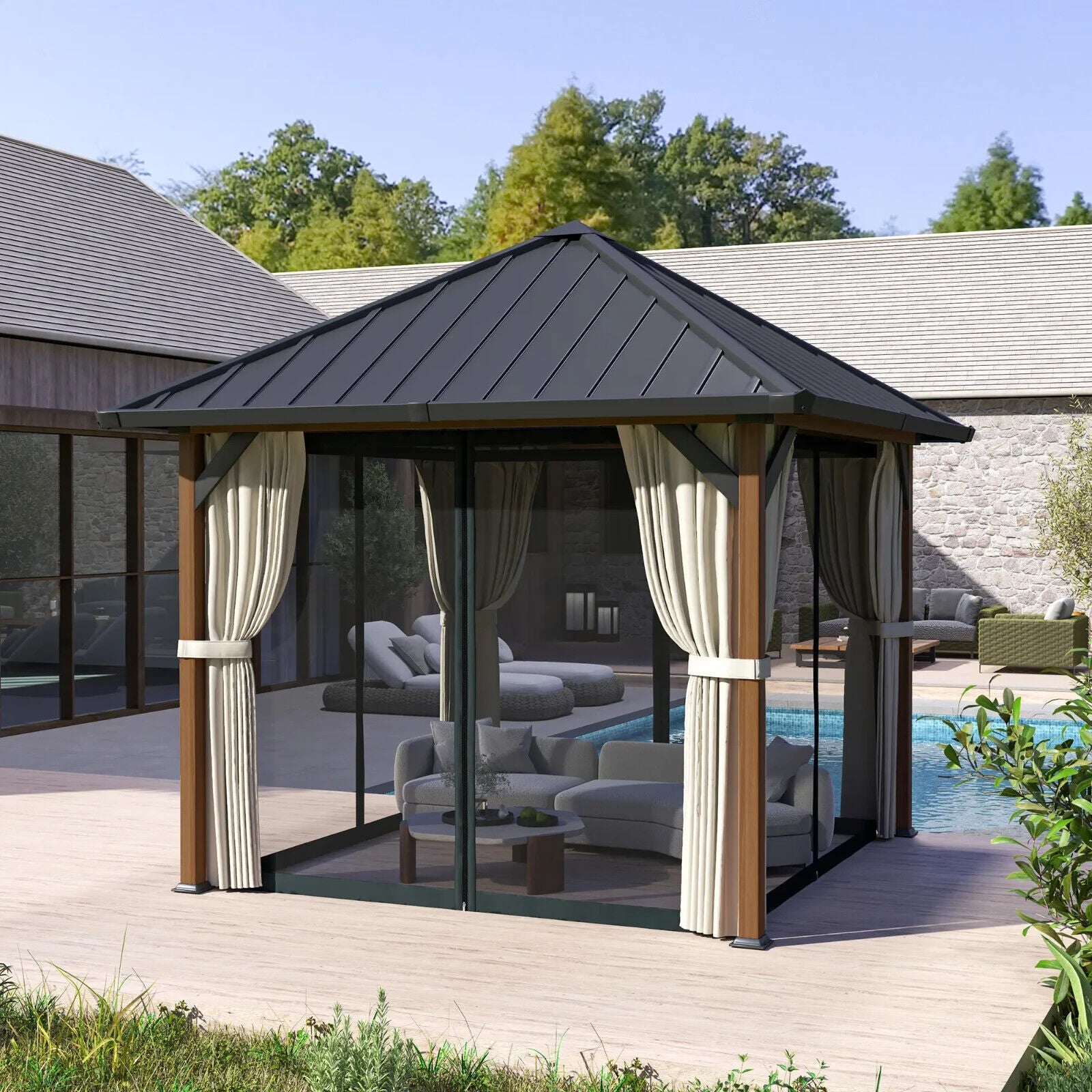 Heavy Duty Gazebo Metal Hardtop Marquee with Netting and Curtains Brown 3 x 3m - Home and Garden Furniture Shop - #rustic - furniture#