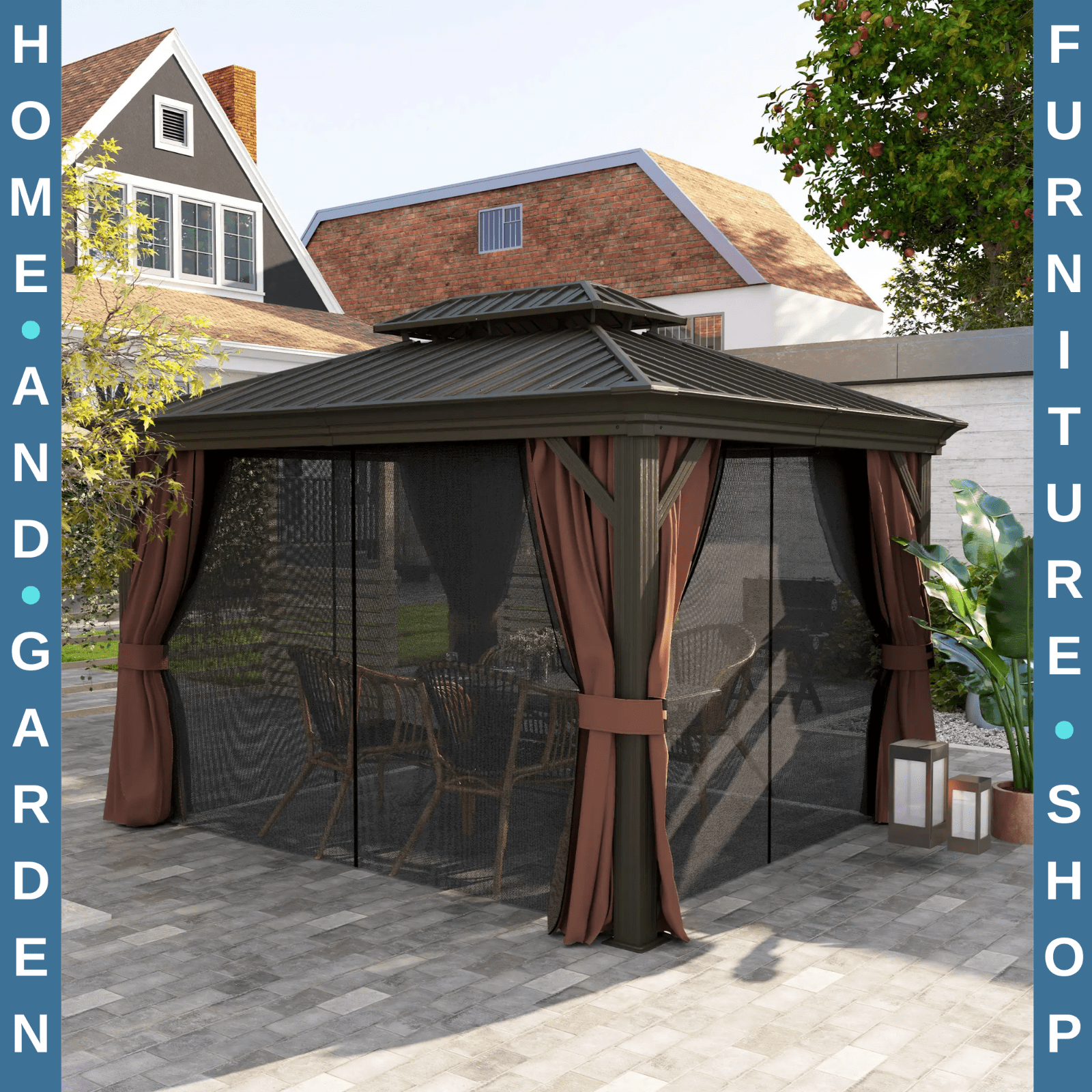 Heavy Duty Gazebo with Sides 3 x 3.7m Metal Hardtop Gazebo Canopy 2 Tier Roof - Home and Garden Furniture Shop - rustic - furniture