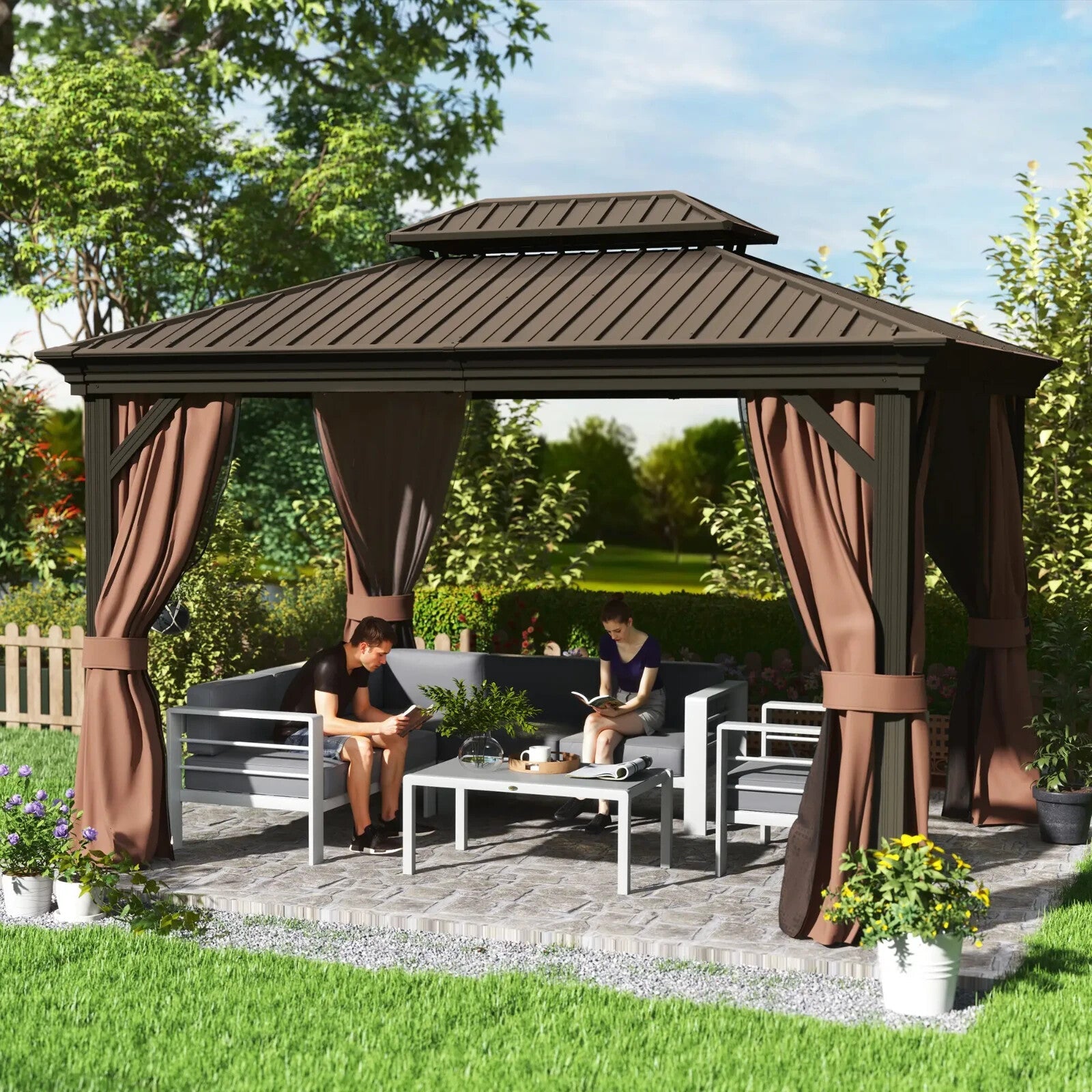 Heavy Duty Gazebo with Sides 3 x 3.7m Metal Hardtop Gazebo Canopy 2 Tier Roof - Home and Garden Furniture Shop - rustic - furniture