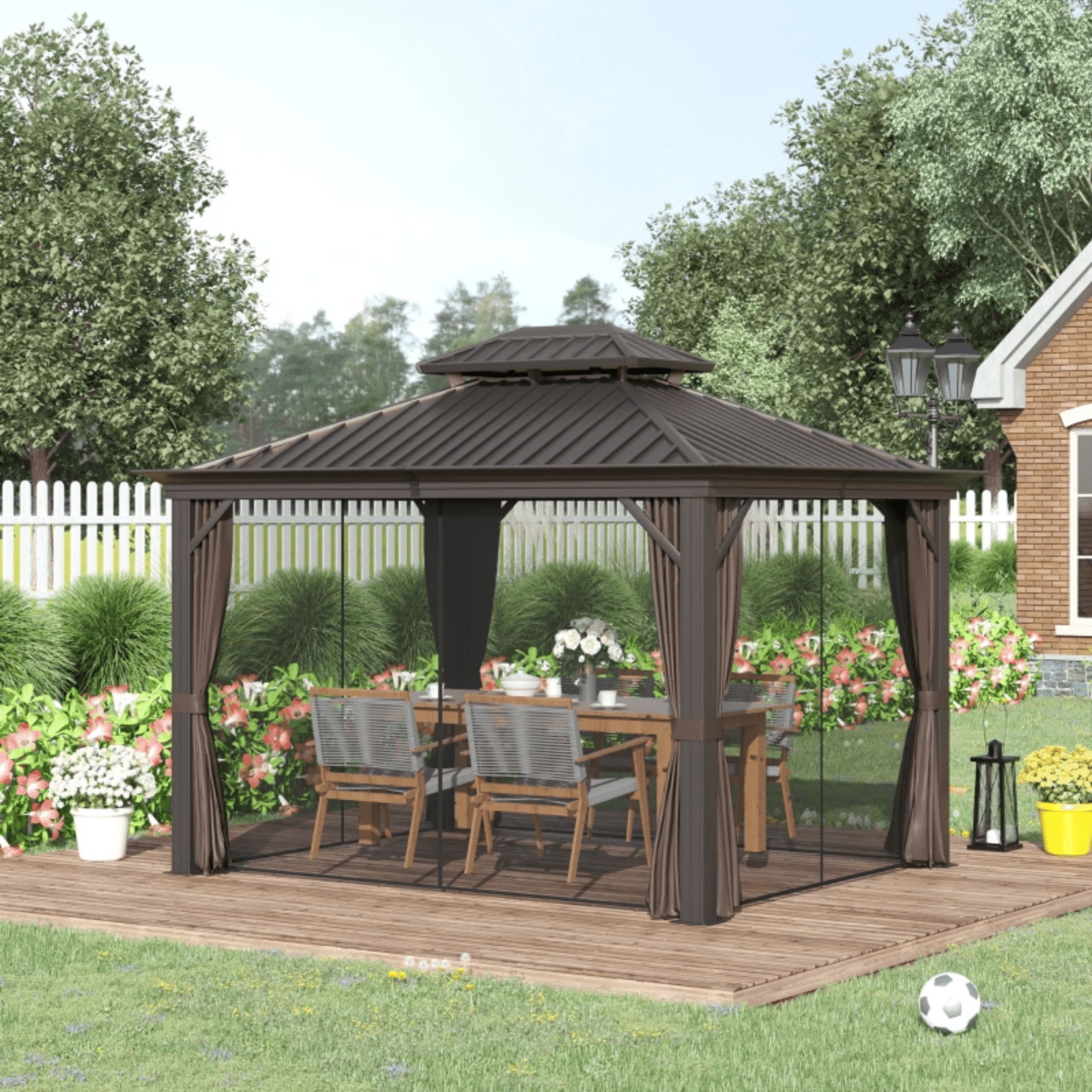 Heavy Duty Metal Gazebo with Sides 3 x 3.7m Outdoor Hardtop Canopy Roof Brown - Home and Garden Furniture Shop - #rustic - furniture#