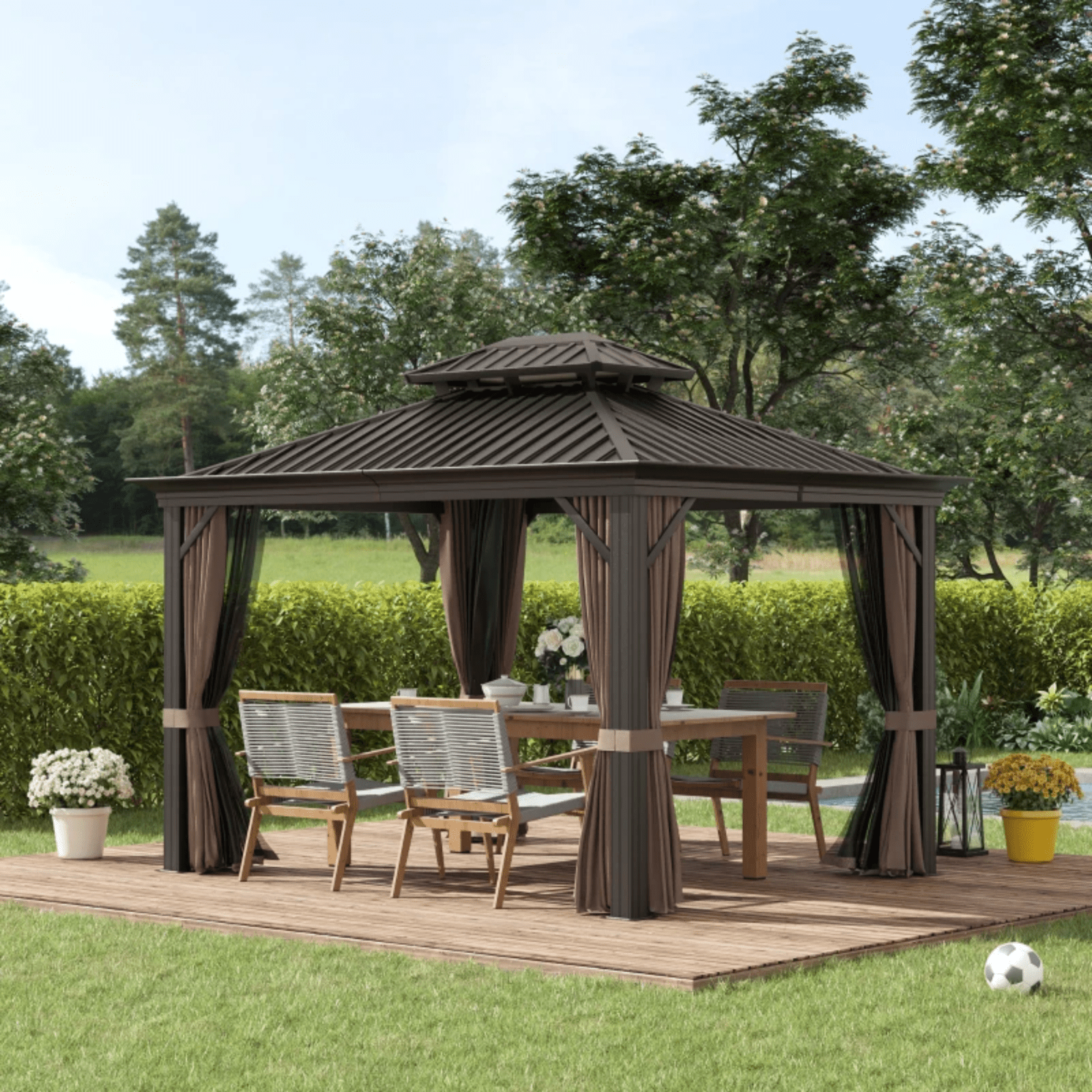 Heavy Duty Metal Gazebo with Sides 3 x 3.7m Outdoor Hardtop Canopy Roof Brown - Home and Garden Furniture Shop - #rustic - furniture#