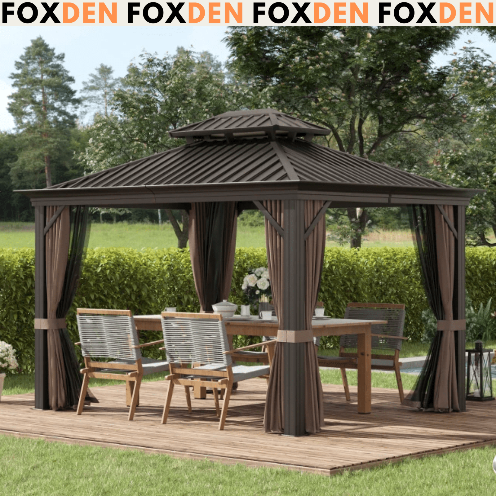 Heavy Duty Metal Gazebo with Sides 3 x 3.7m Outdoor Hardtop Canopy Roof Brown - Home and Garden Furniture Shop - #rustic - furniture#