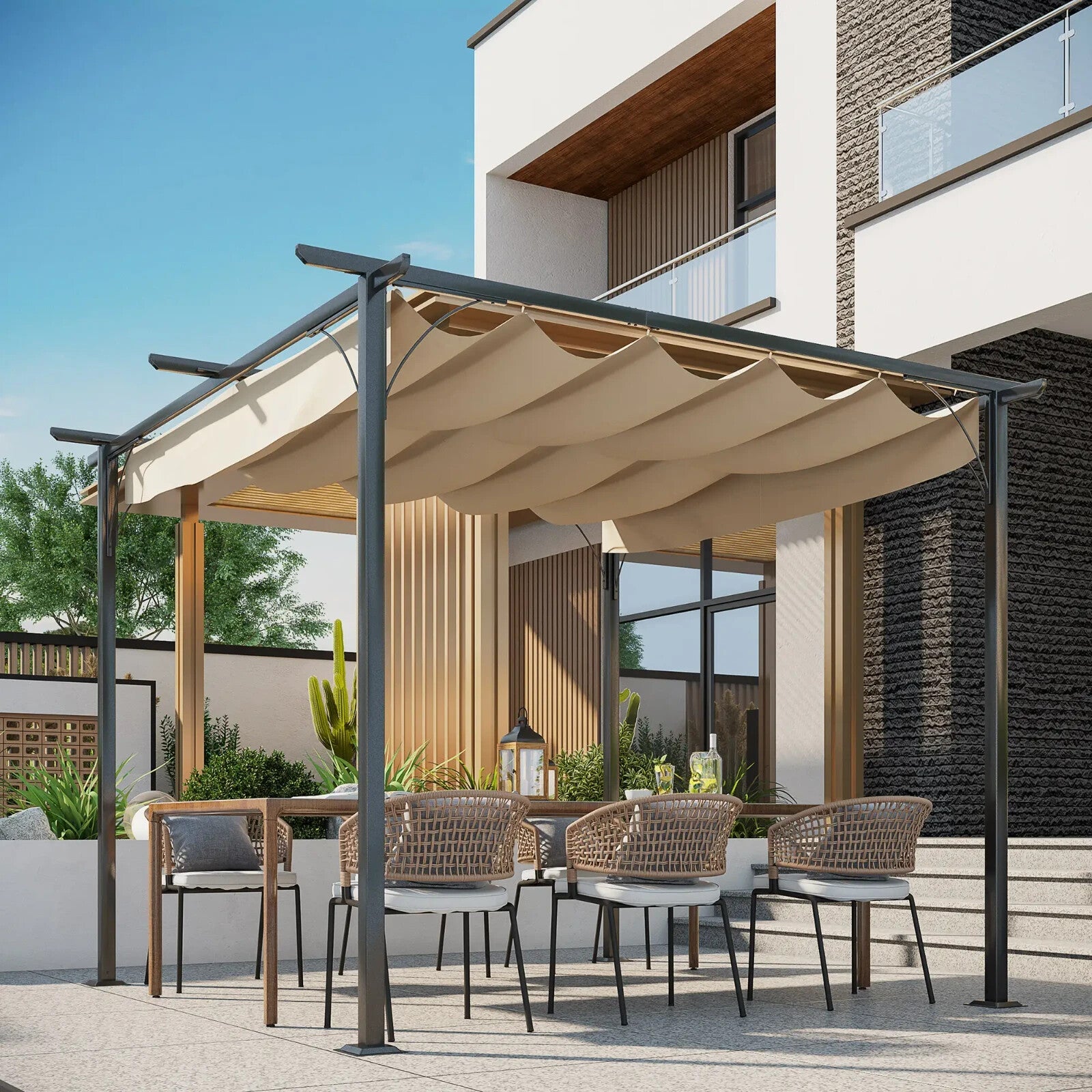 Heavy Duty Metal Pergola Gazebo 3m Retractable Canopy Roof Outdoor Garden Shade - Home and Garden Furniture Shop - rustic - furniture
