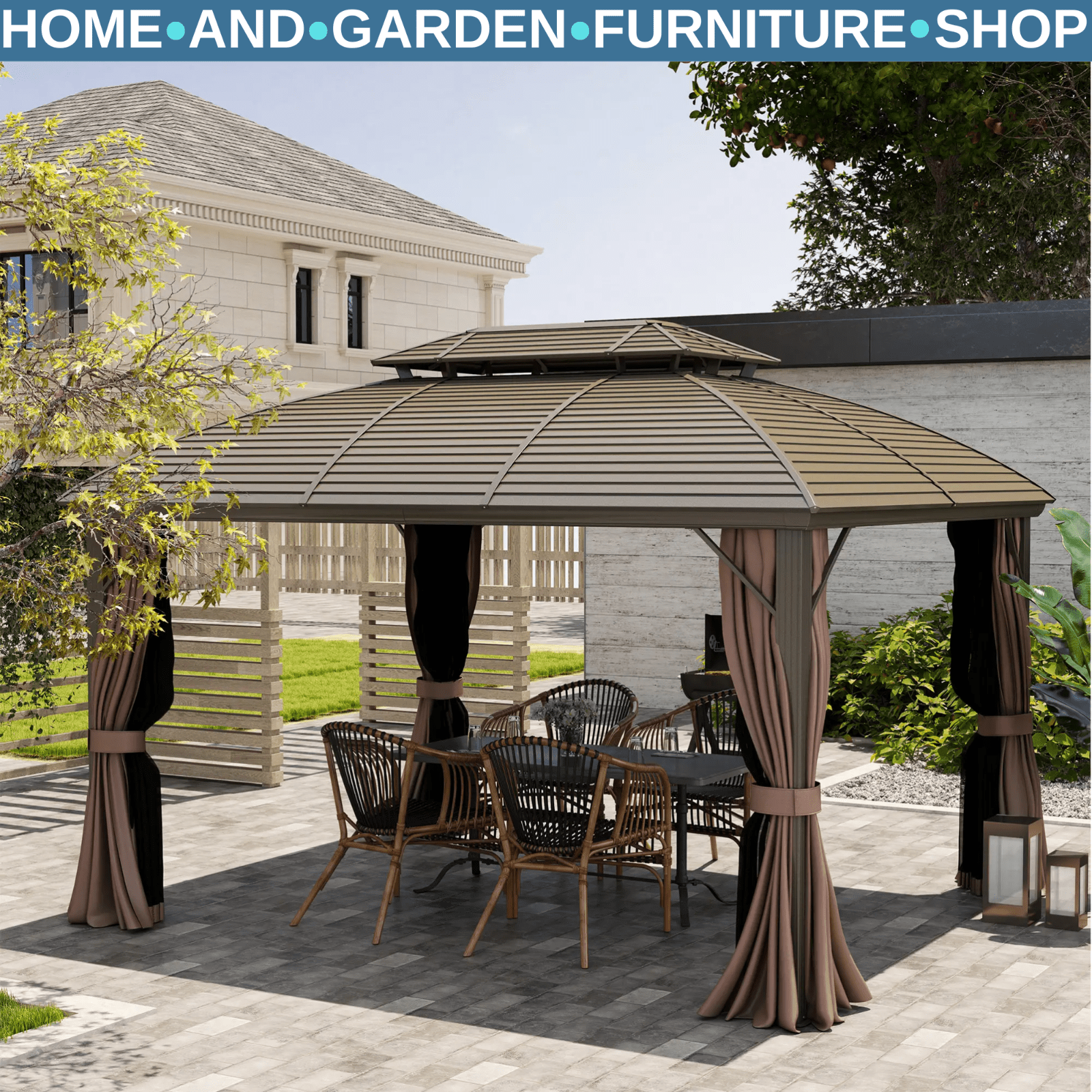 Heavy Duty Outdoor Metal Gazebo with Hardtop Double Roof Brown Sides 3.65 x 3m - Home and Garden Furniture Shop - rustic - furniture